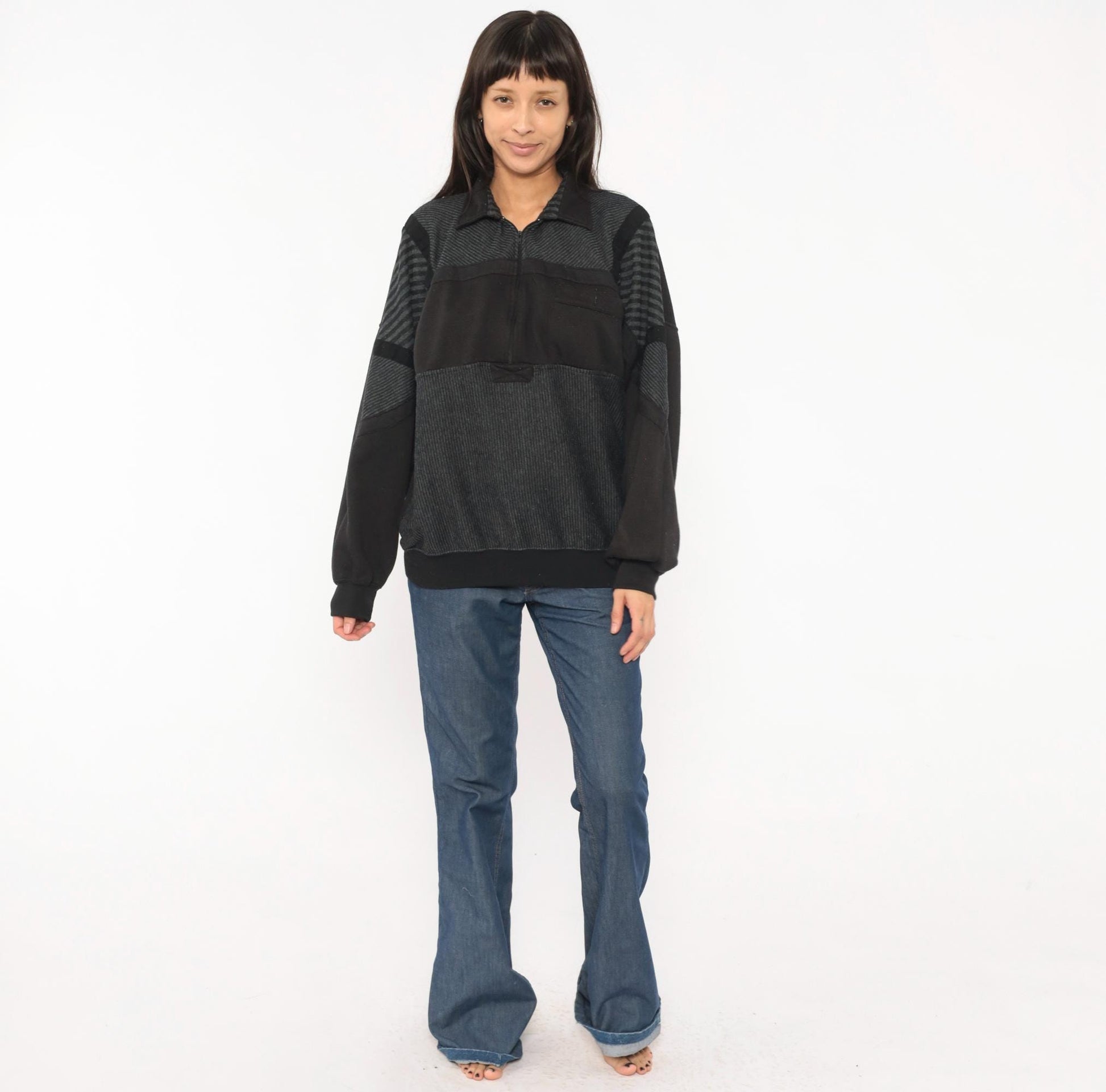 90s Alexxus Half-Zip Pullover Black Grey Patchwork Colorblock Sweatshirt Extra Large