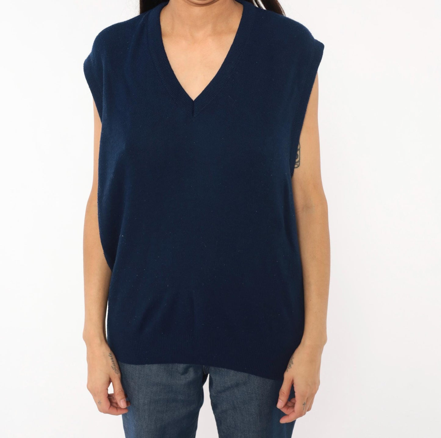 80s Janzen Navy Sweater Vest V-Neck Knit Sleeveless Pullover Extra Large XL