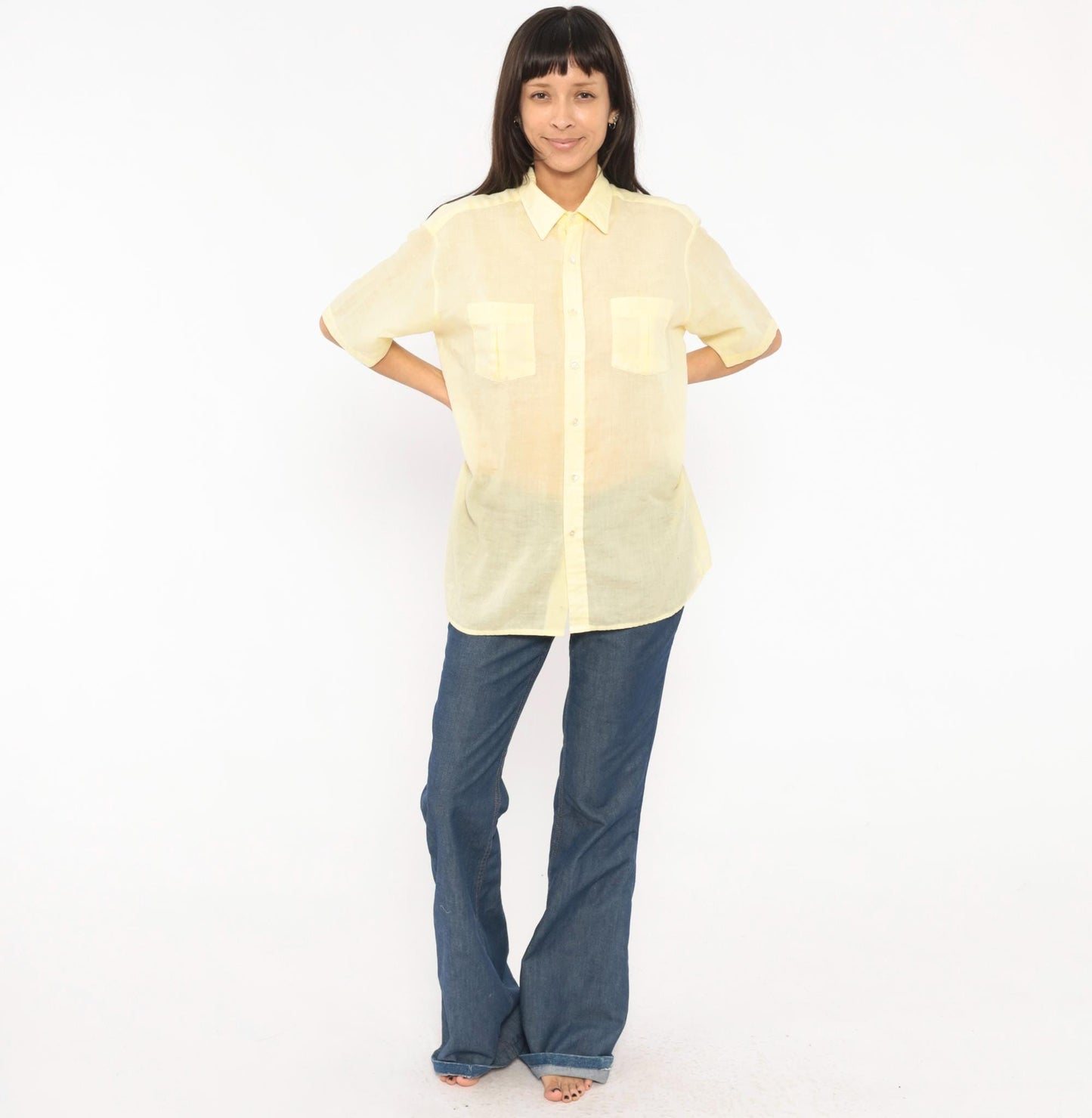 70s Arrow Pale Yellow Camp Collar Shirt Short Sleeve Pointed Chest Pockets Medium
