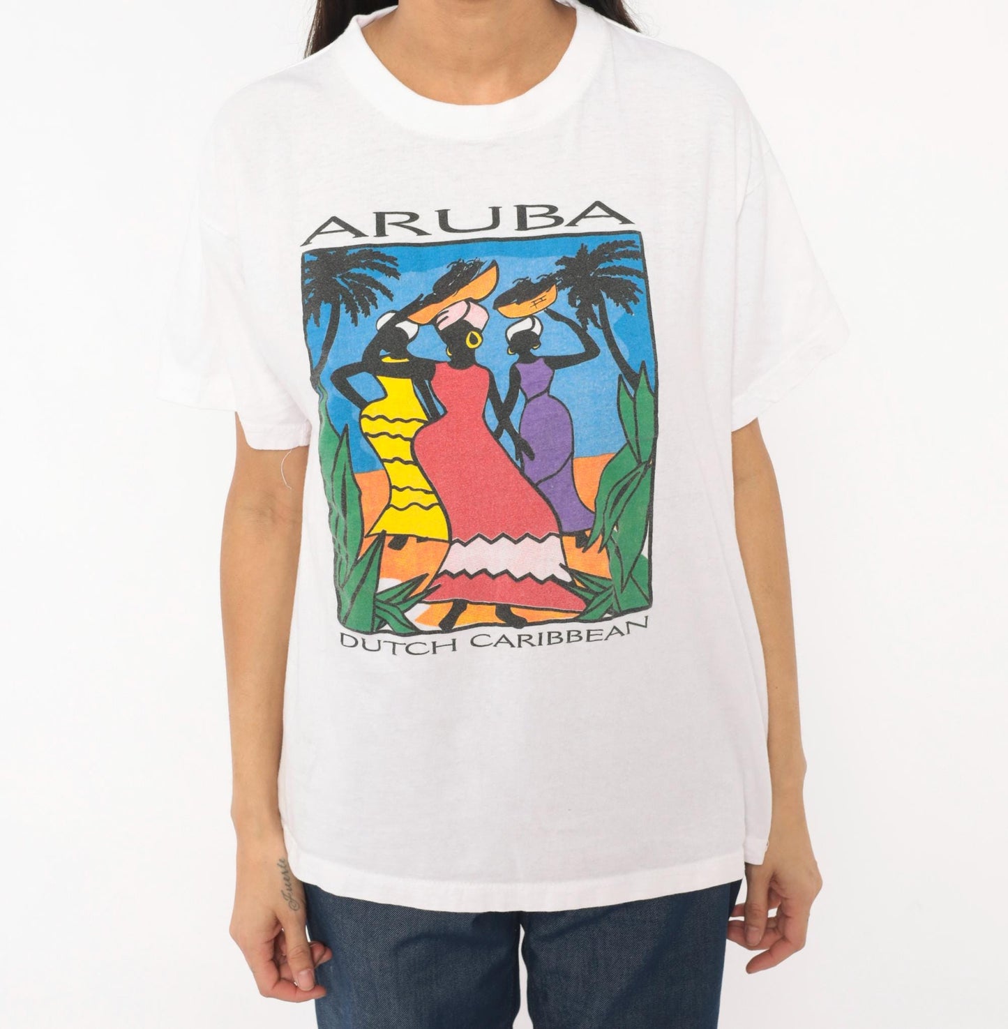 90s Aruba Paradise Island Souvenir Tee White Cotton Graphic Large L
