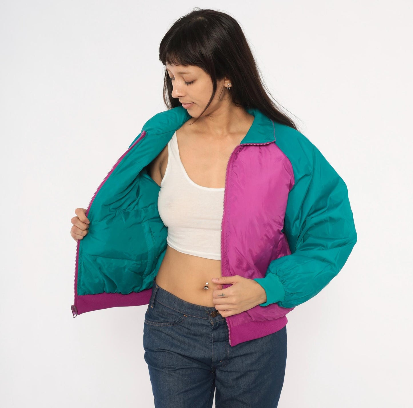 90s Paris Sport Club Reversible Down Puffer Jacket Teal Magenta Medium M