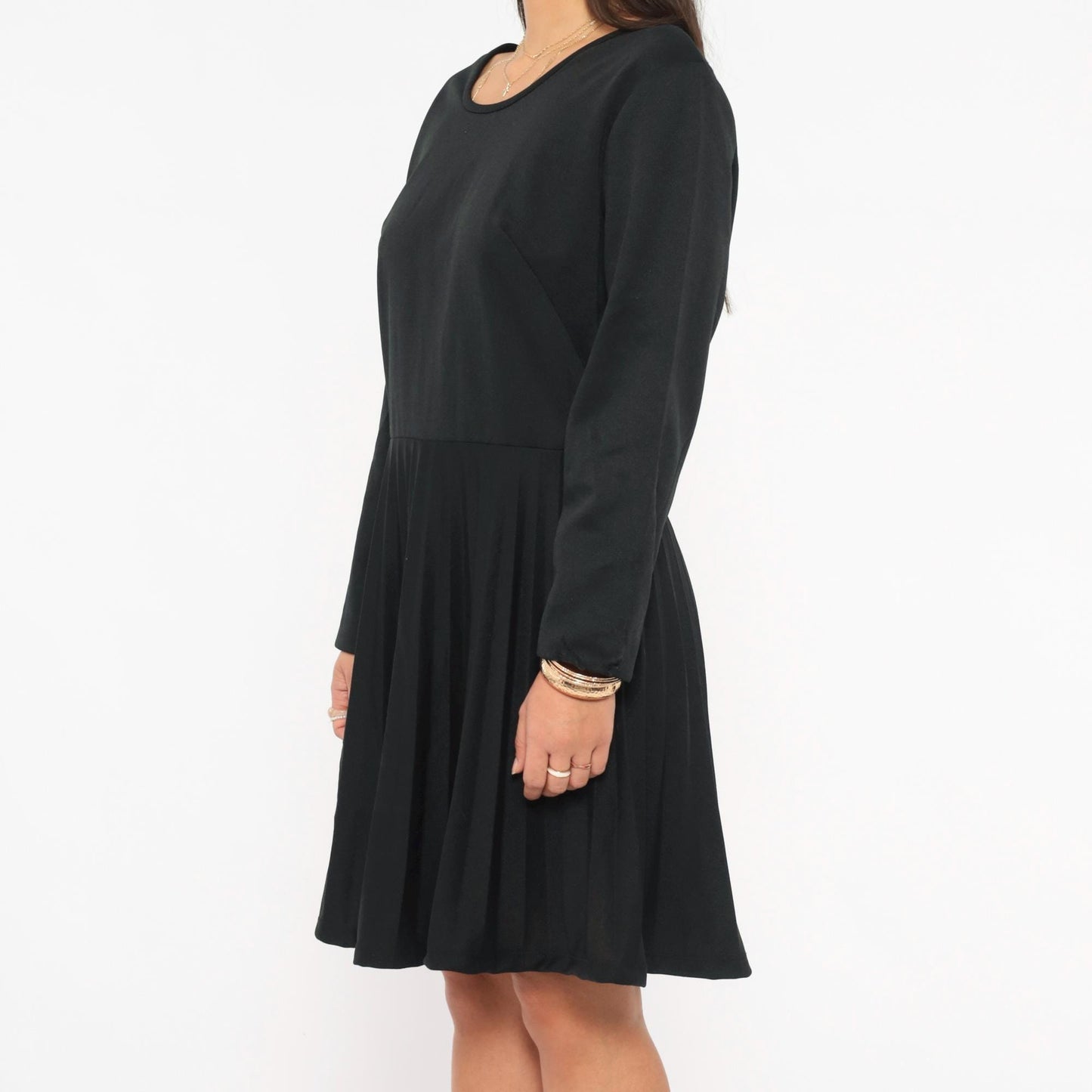 70s Black Pleated A-Line Dress Long Sleeve Drop Waist Scoop Neck Large L