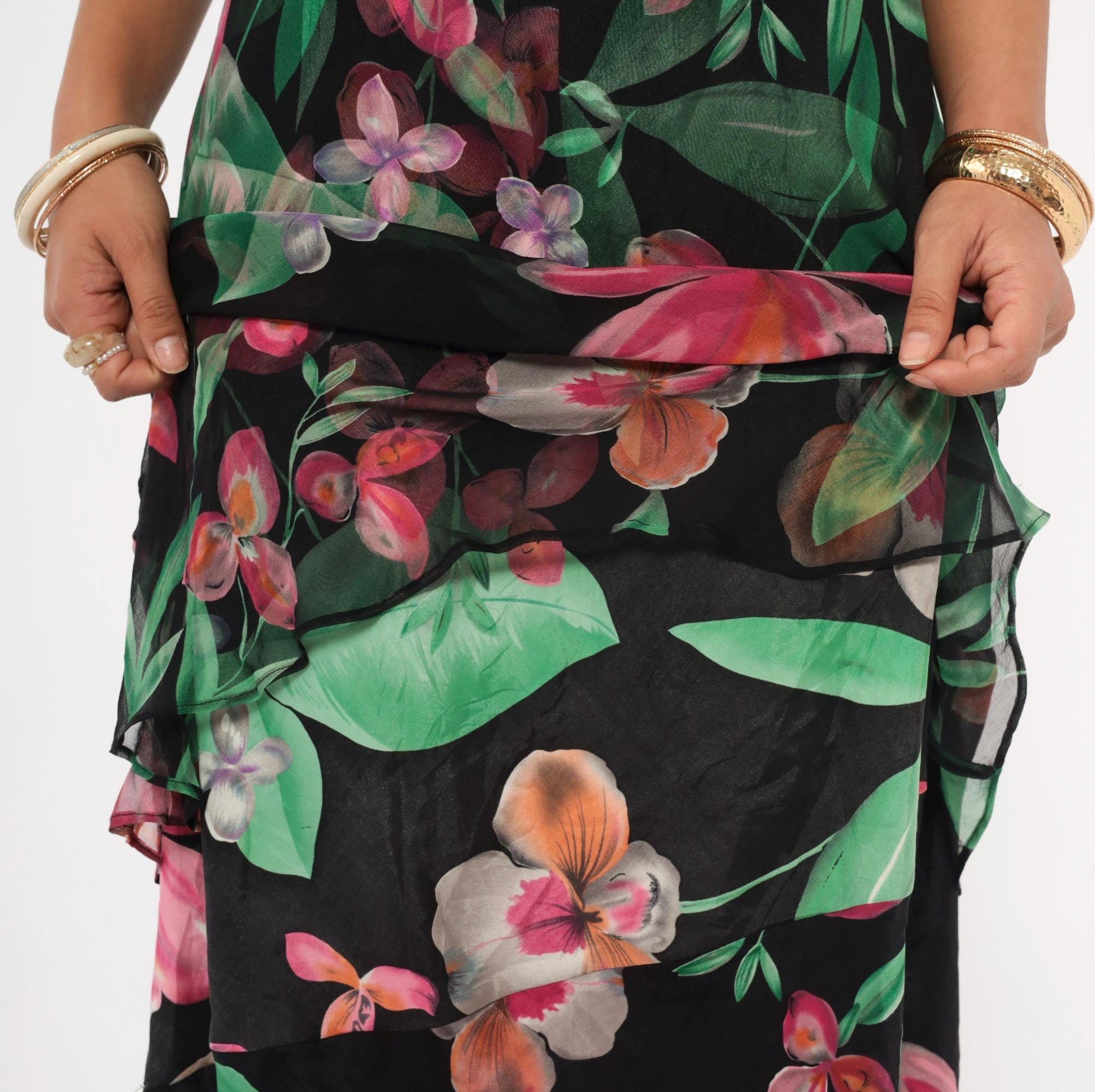 90s Donna Ricco Silk Dress Tropical Floral Black Cowl Neck Layered Hem Medium M