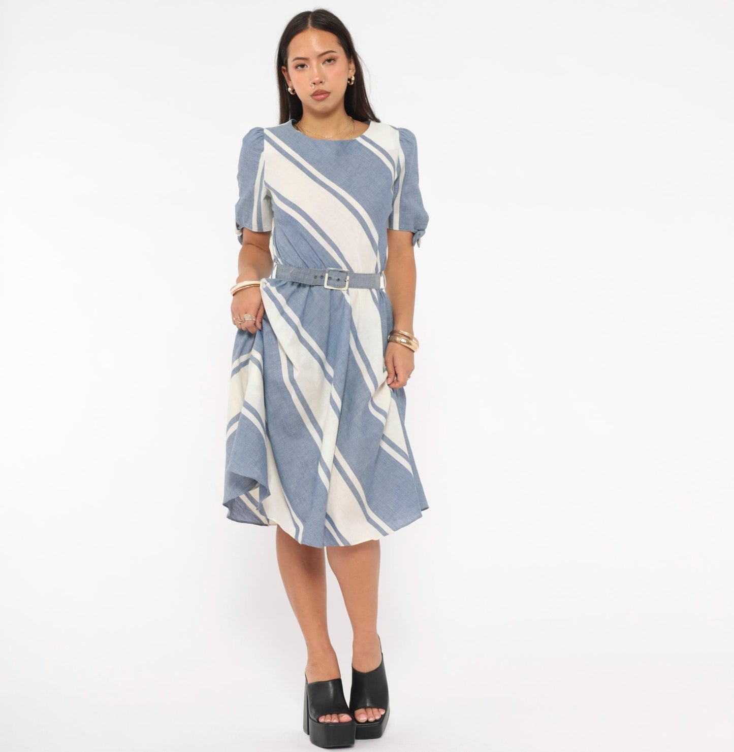 80s SL Petites Diagonal Stripe Dress Blue White Cotton Puff Sleeve Medium