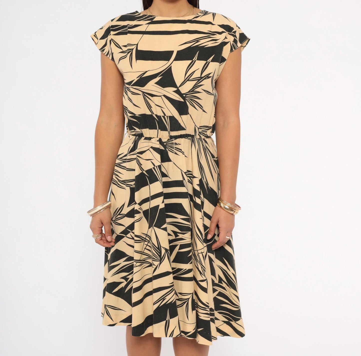 80s Tropical Leaf Print Dress Black Tan Cap Sleeve Knee-Length Small