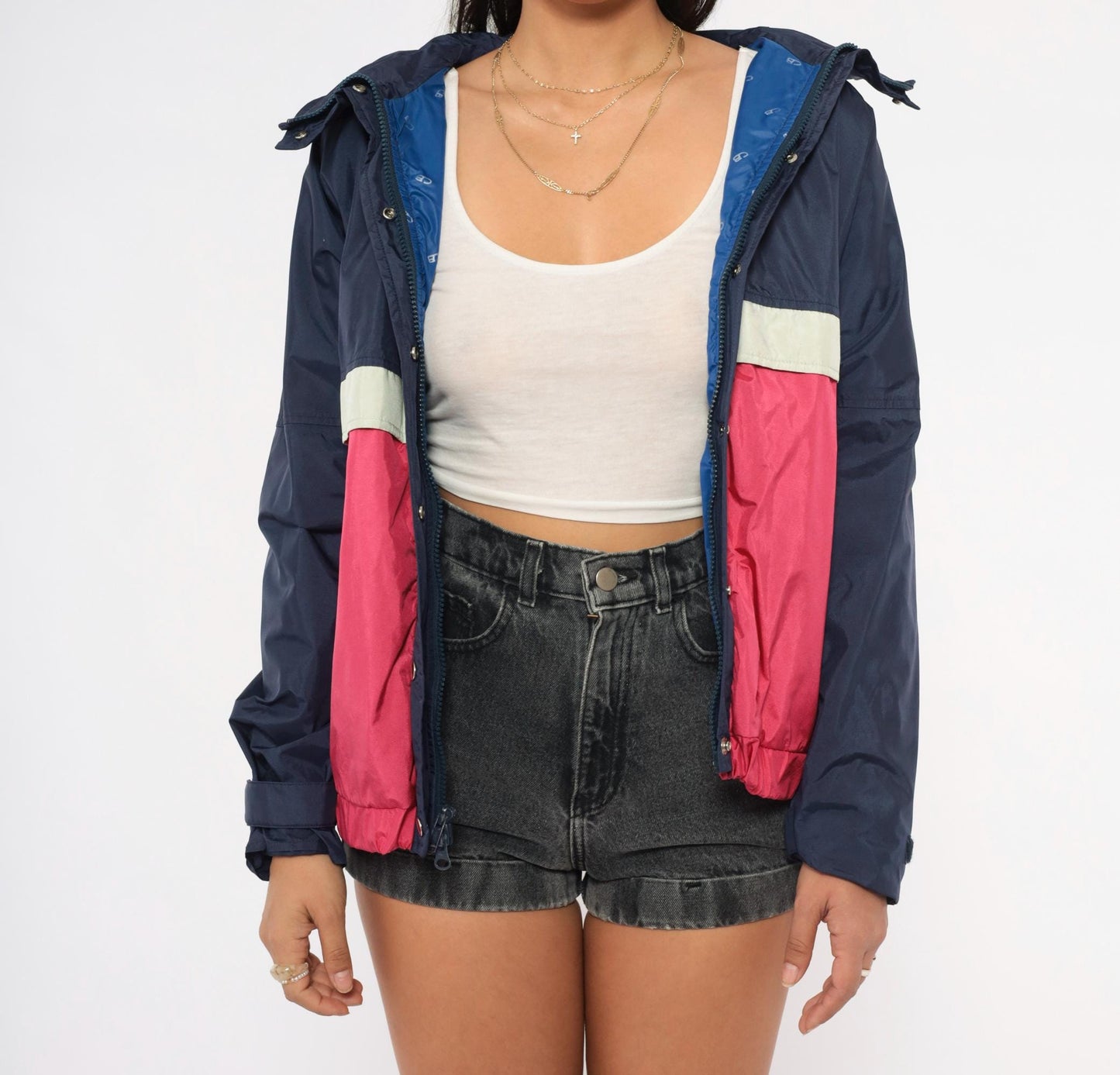 80s CB Sports Color Block Windbreaker Navy Pink Hooded Jacket Medium