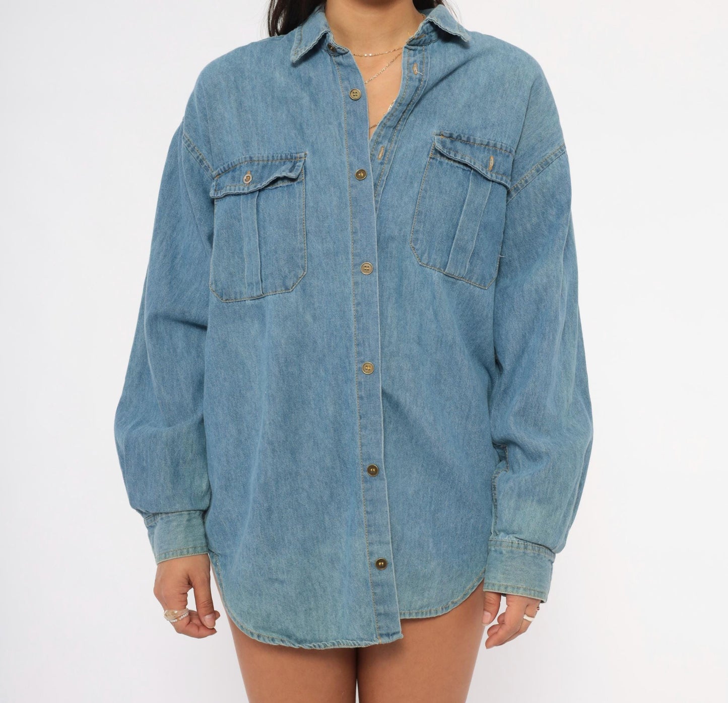 90s Mississippi River Blues Denim Shirt Light Wash Cotton Chambray Medium M
