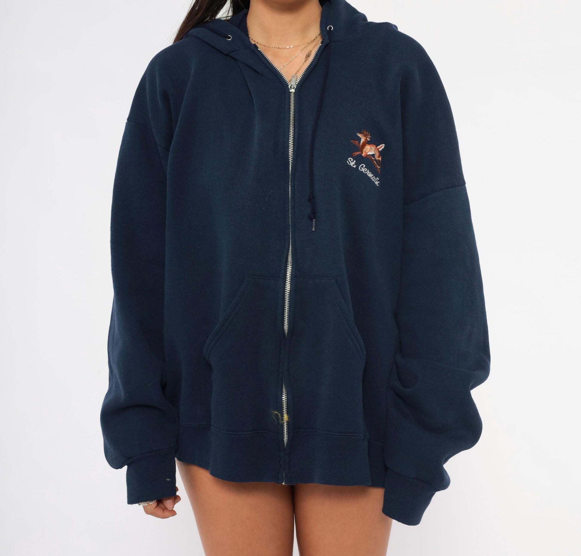 90s St Germain Deer Embroidered Navy Zip Hoodie Full Zip Sweatshirt Extra Large