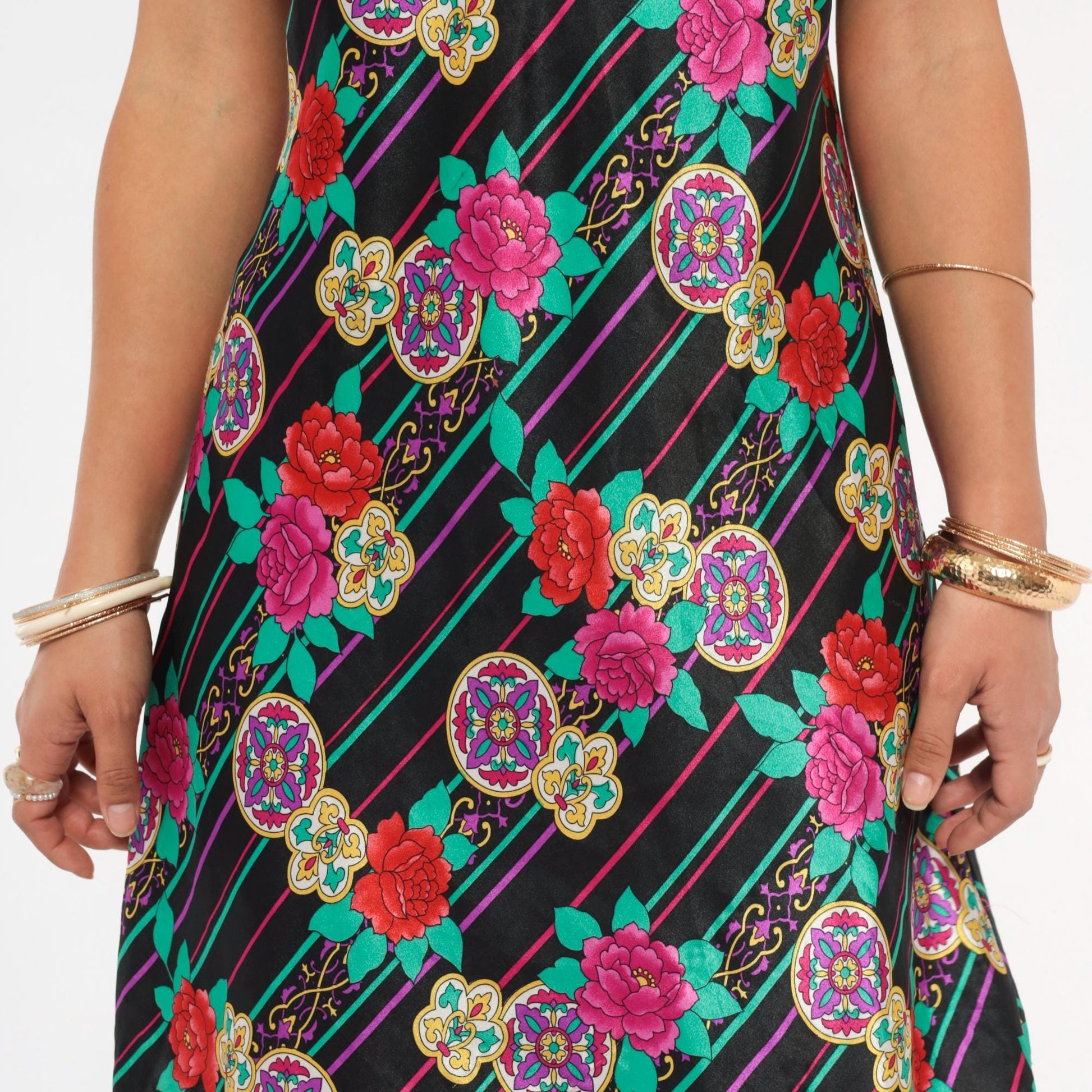 90s Emanuell Floral Medallion Slip Dress Black Fuchsia Teal Knee-Length Medium