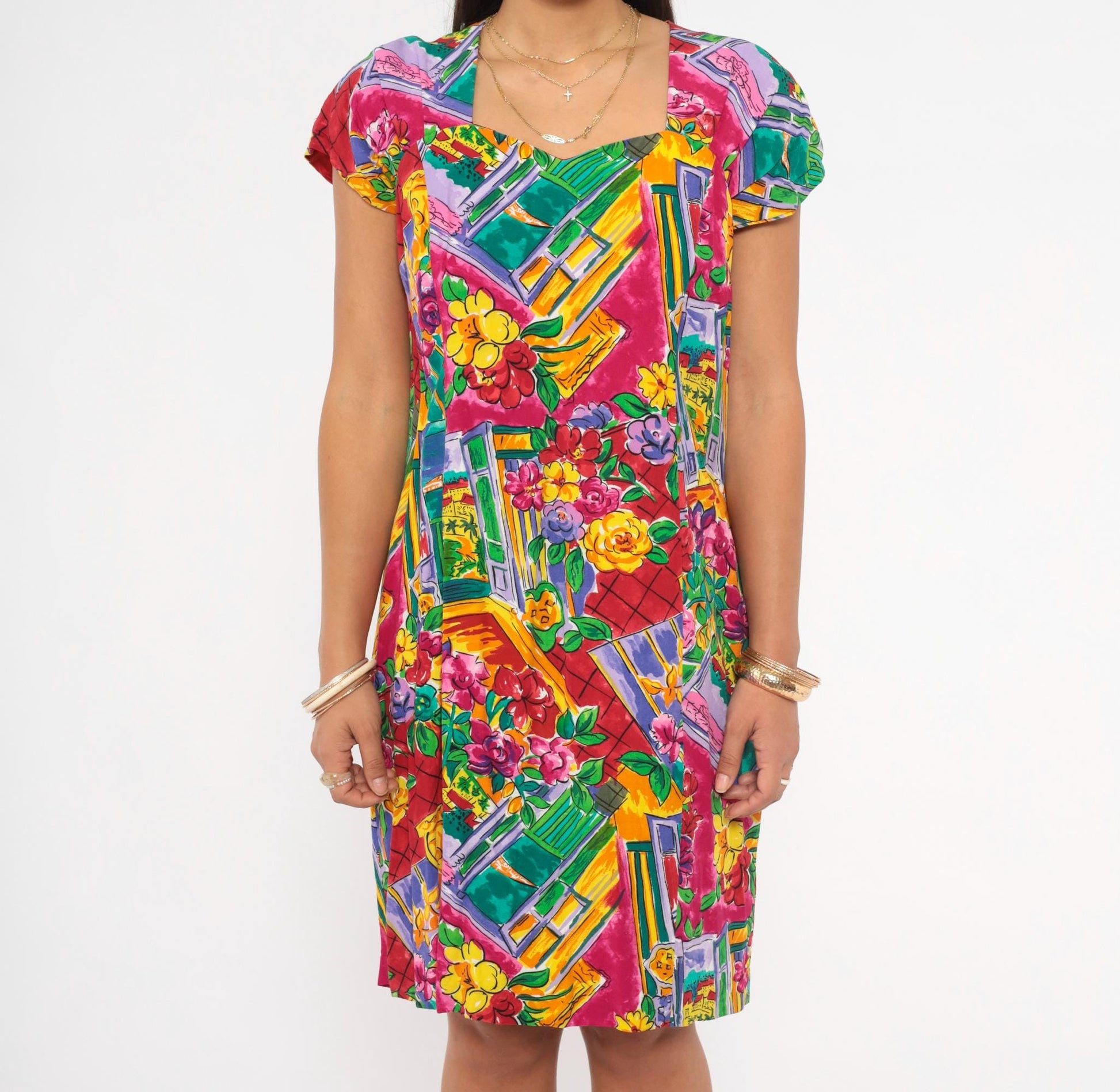90s Jessica Howard Floral Shift Dress Sweetheart Neckline Knee-Length Medium M