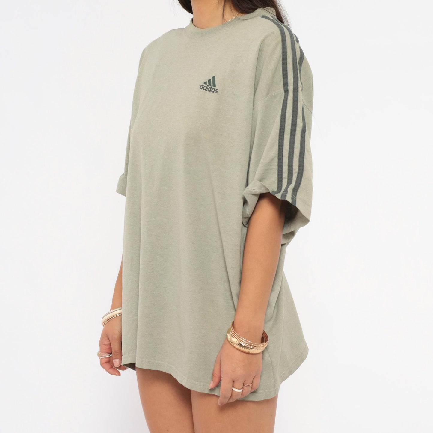 Y2K Adidas Three Stripe Tee Grey Embroidered Logo Cotton Medium
