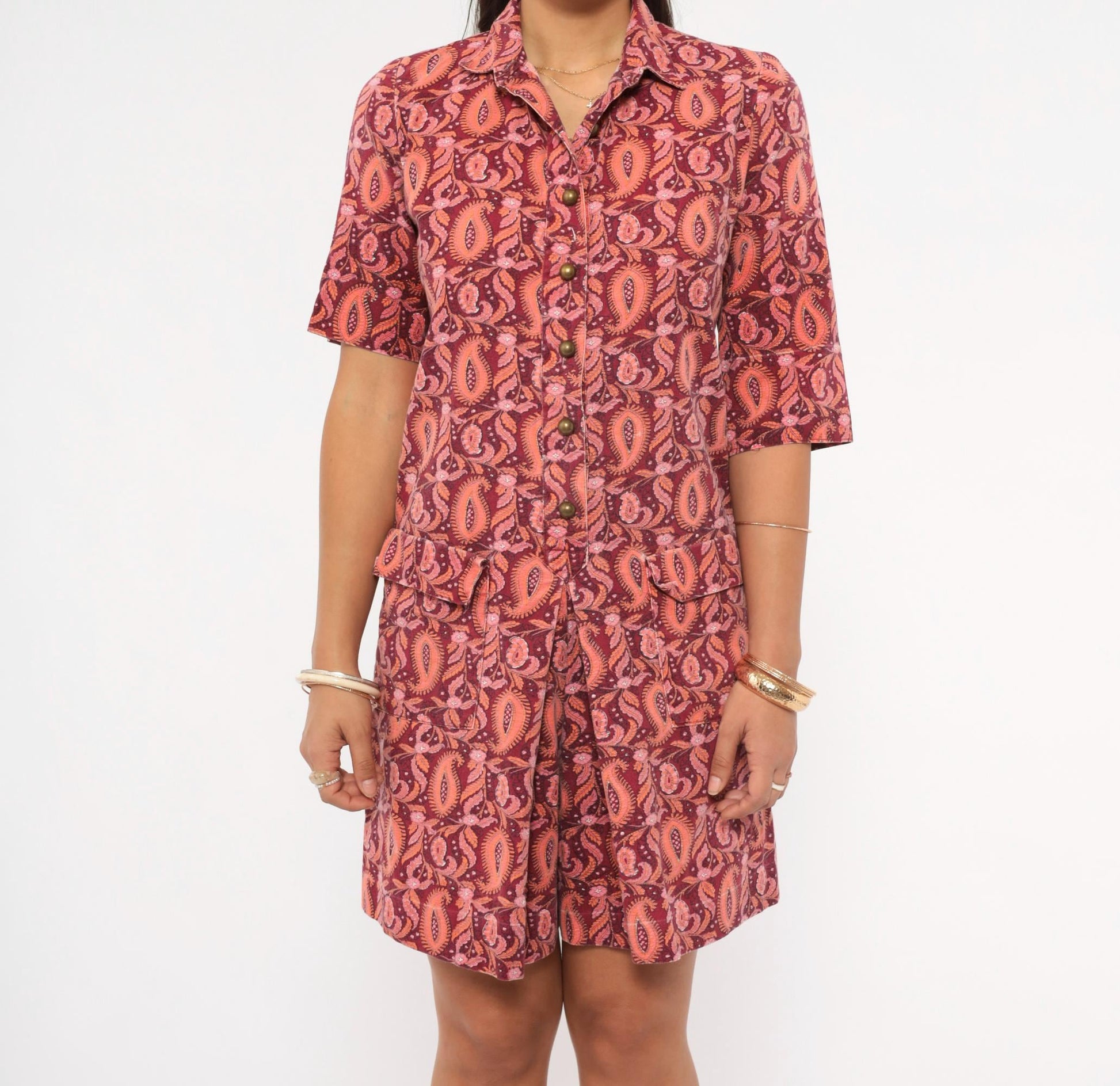 70s Paisley Romper Playsuit Cotton Jumpsuit Rose Coral Floral Mini XS