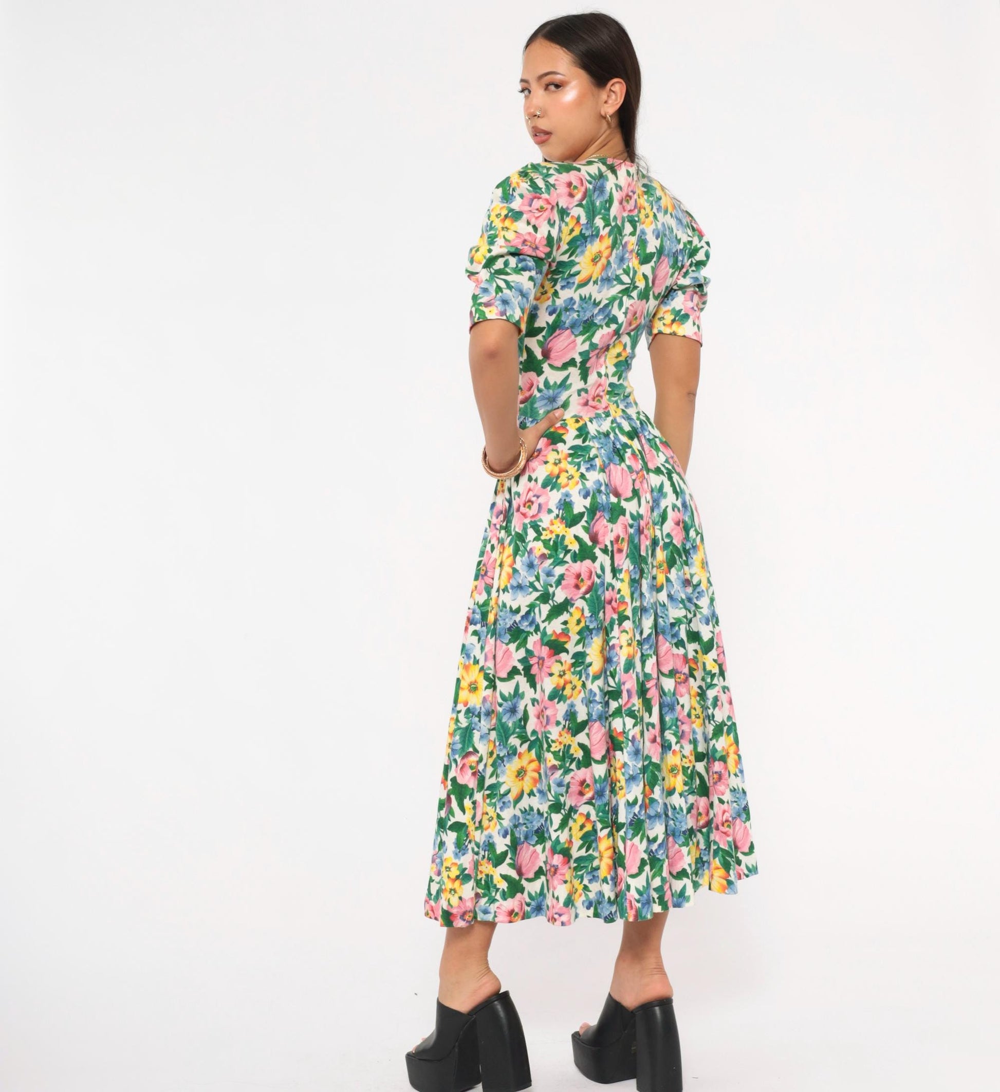 90s Expo Floral Midi Dress Puff Sleeve Lace Collar Cream Multicolor Small