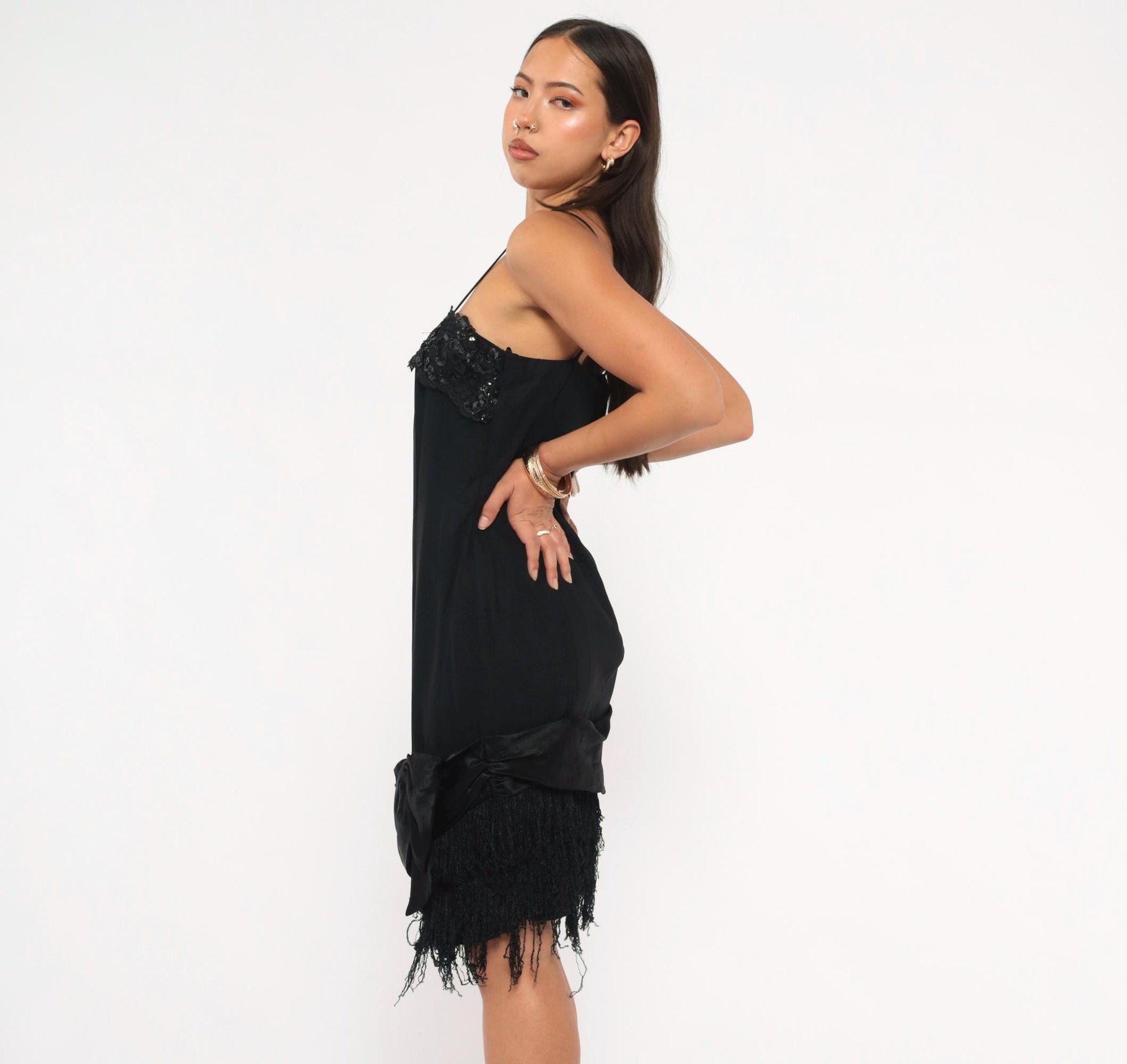 90s Roberta Black Mini Slip Dress Sequin Bustline Fringe Hem Extra Small XS