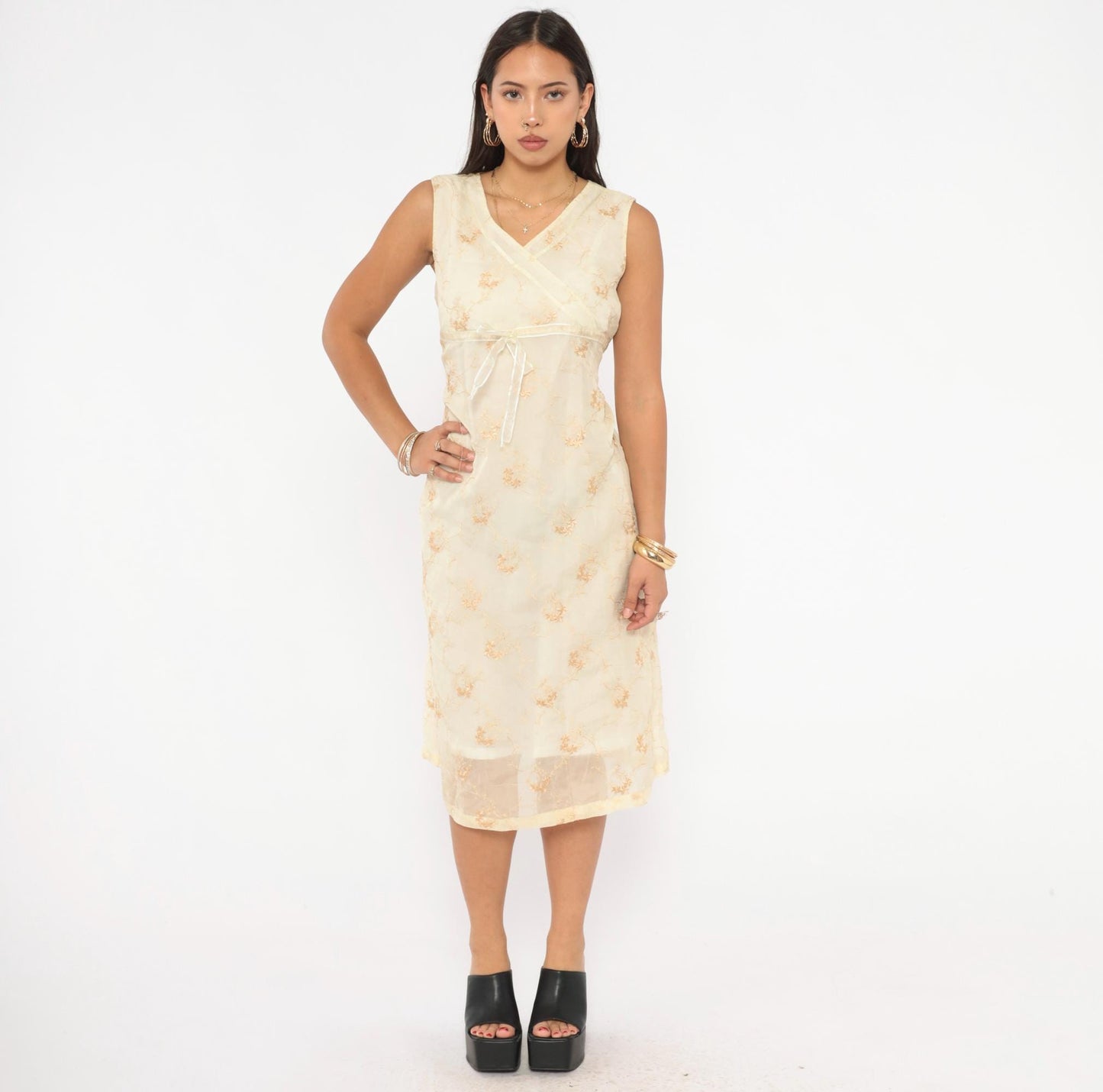 Y2K Nice Mommy Cream Organza Floral Embroidered Dress Gold Vine Knee Length Large L
