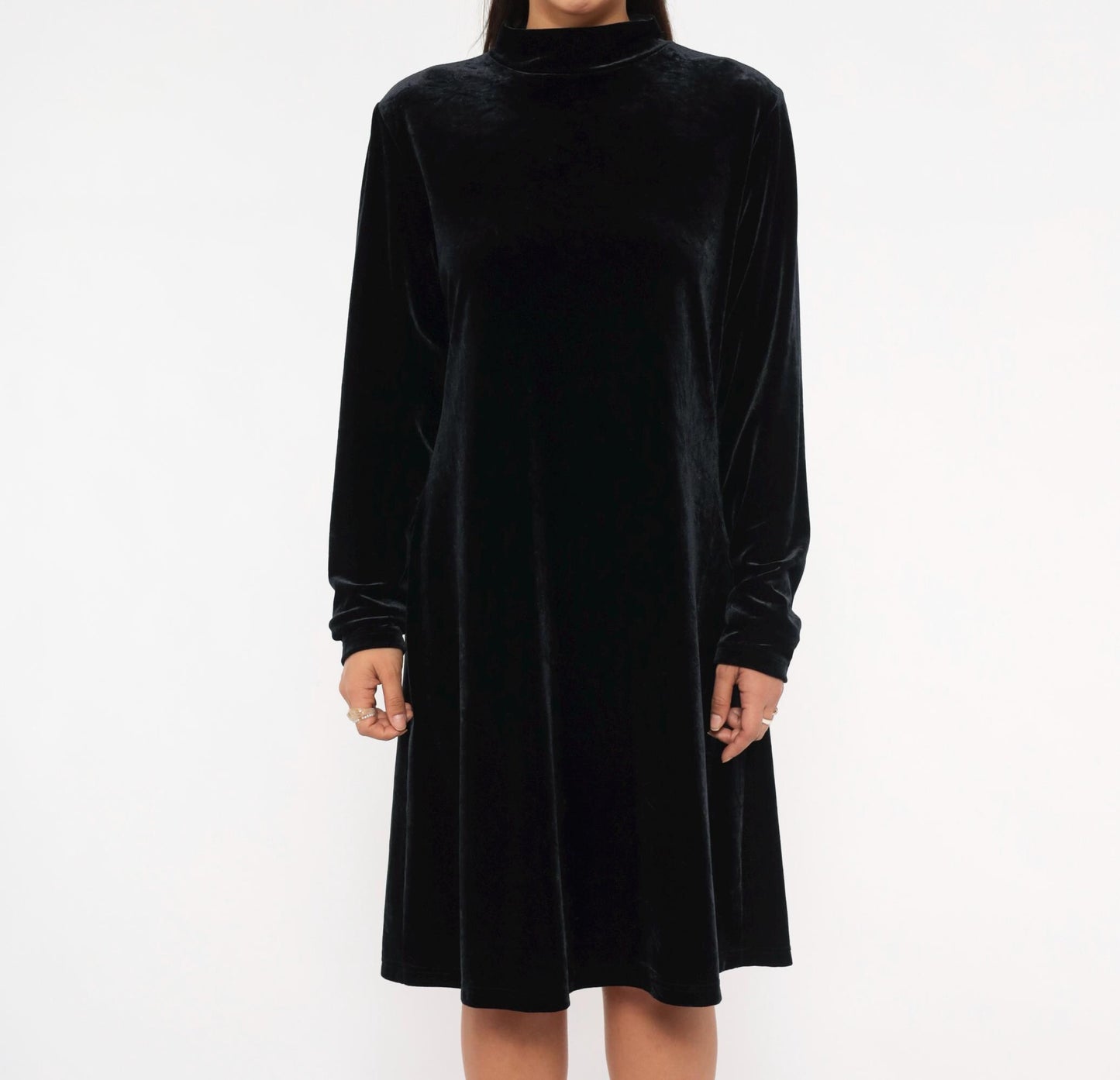 90s Jacqueline Ferrar Black Velvet Swing Dress Mock Neck Long Sleeve Large L