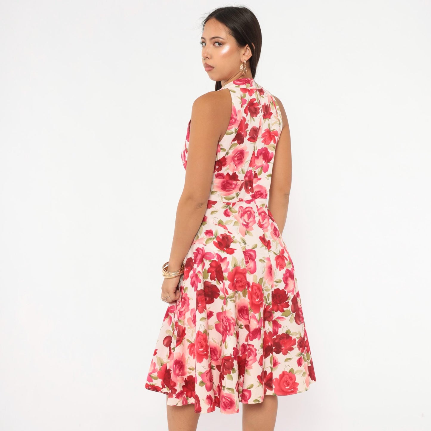 Y2K Talbots Rose Floral Halter Dress Cream Pink Red Knee-Length Medium M