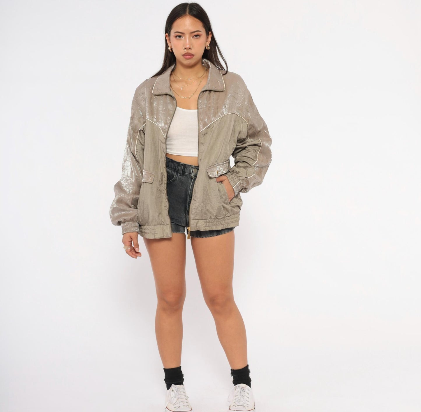 90s Cabin Creek Windbreaker Taupe Nylon Jacket Cream Piping Medium M
