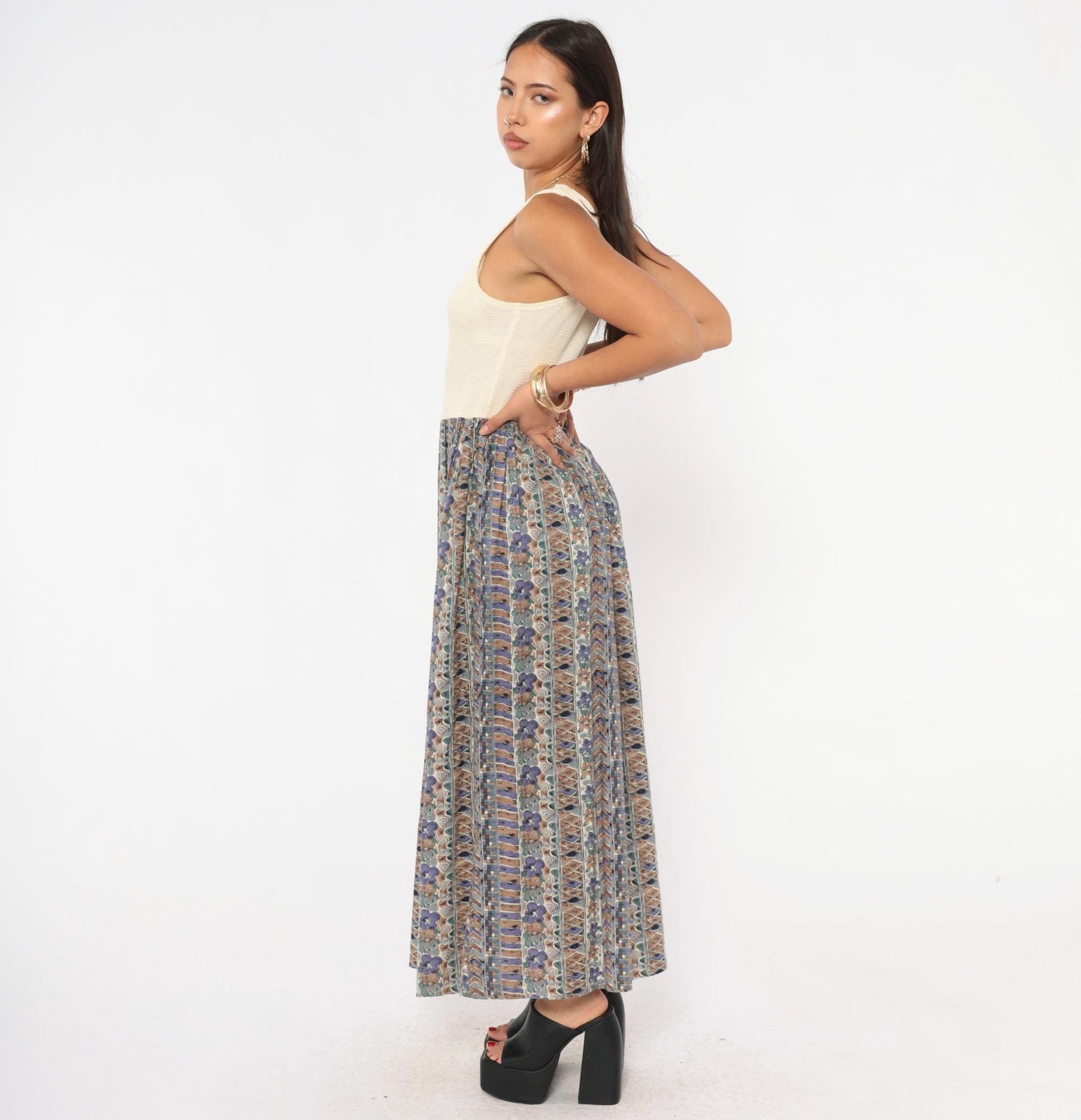90s Ultimate Blues Maxi Dress Cream Waffle Knit Floral Skirt Medium