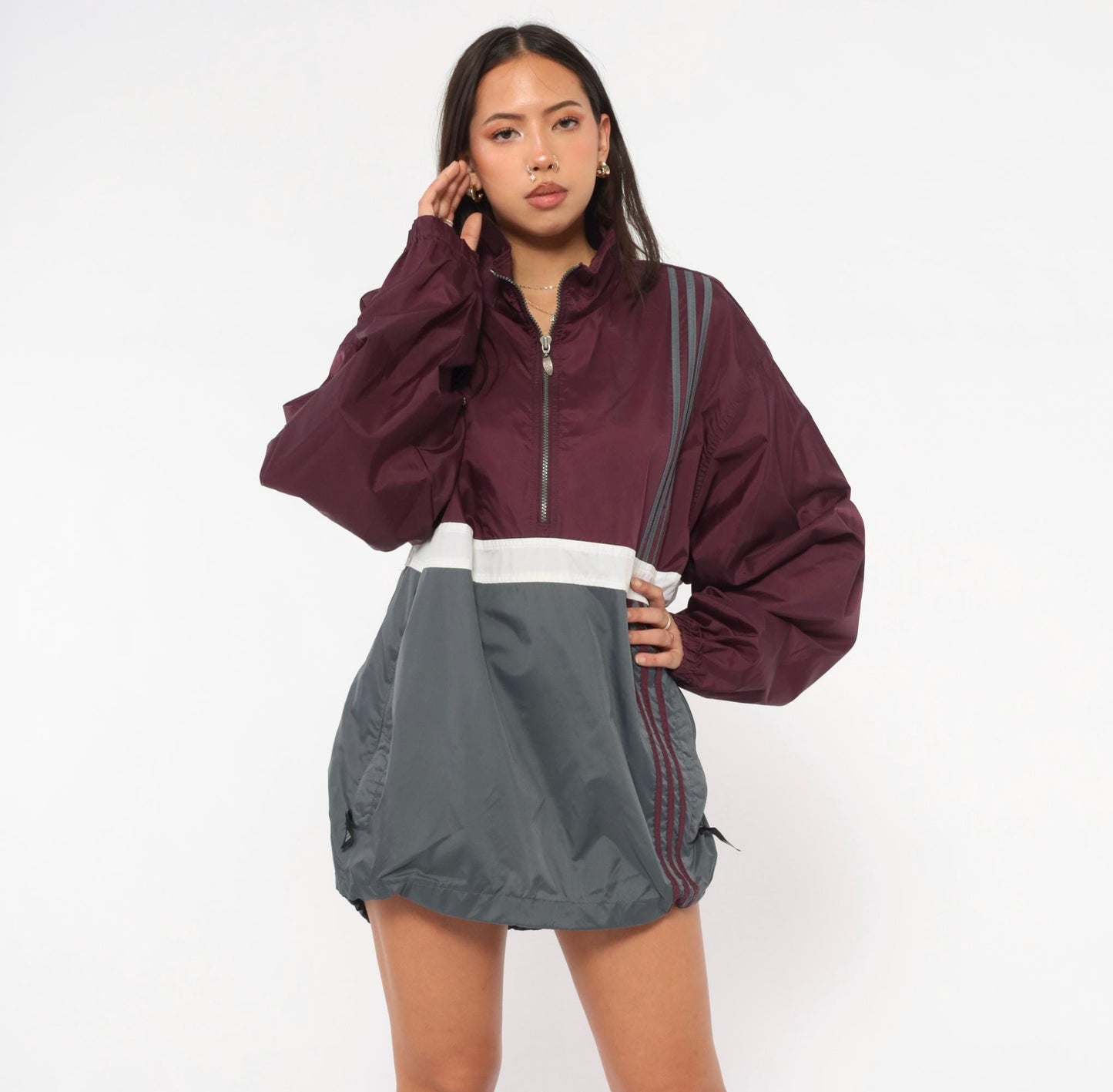 90s Adidas Half-Zip Windbreaker Burgundy Grey Colorblock Nylon Large
