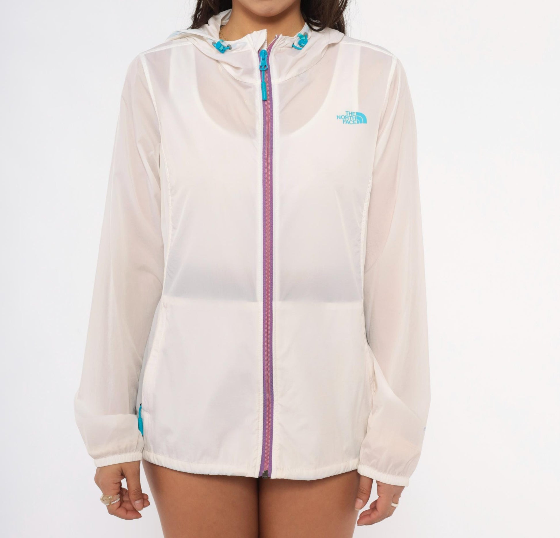 Y2K The North Face Sheer Windbreaker Hooded Jacket White Teal Large L
