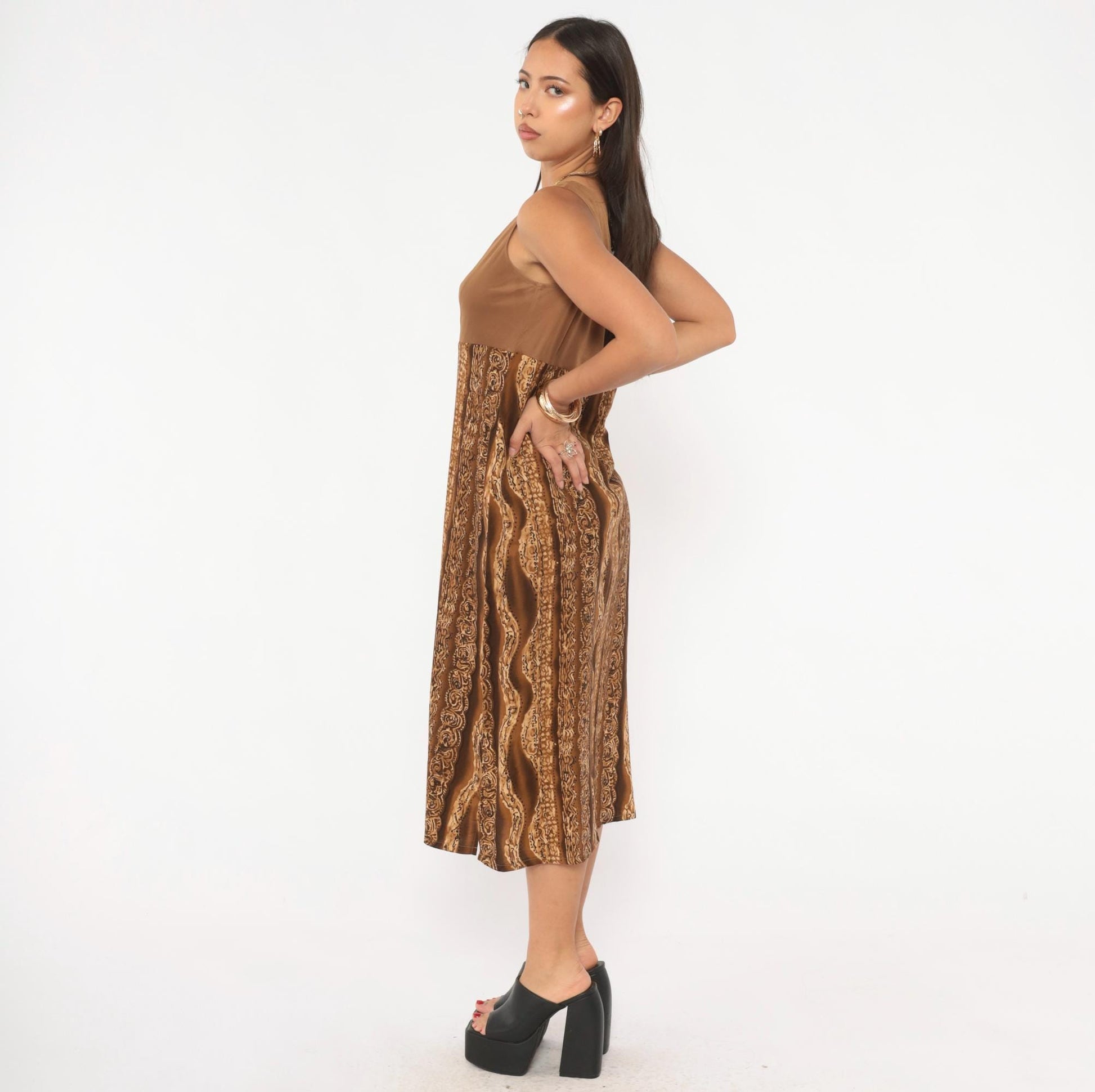 90s Molly Malloy Midi Dress Brown Tan Tribal Print Empire Waist Small