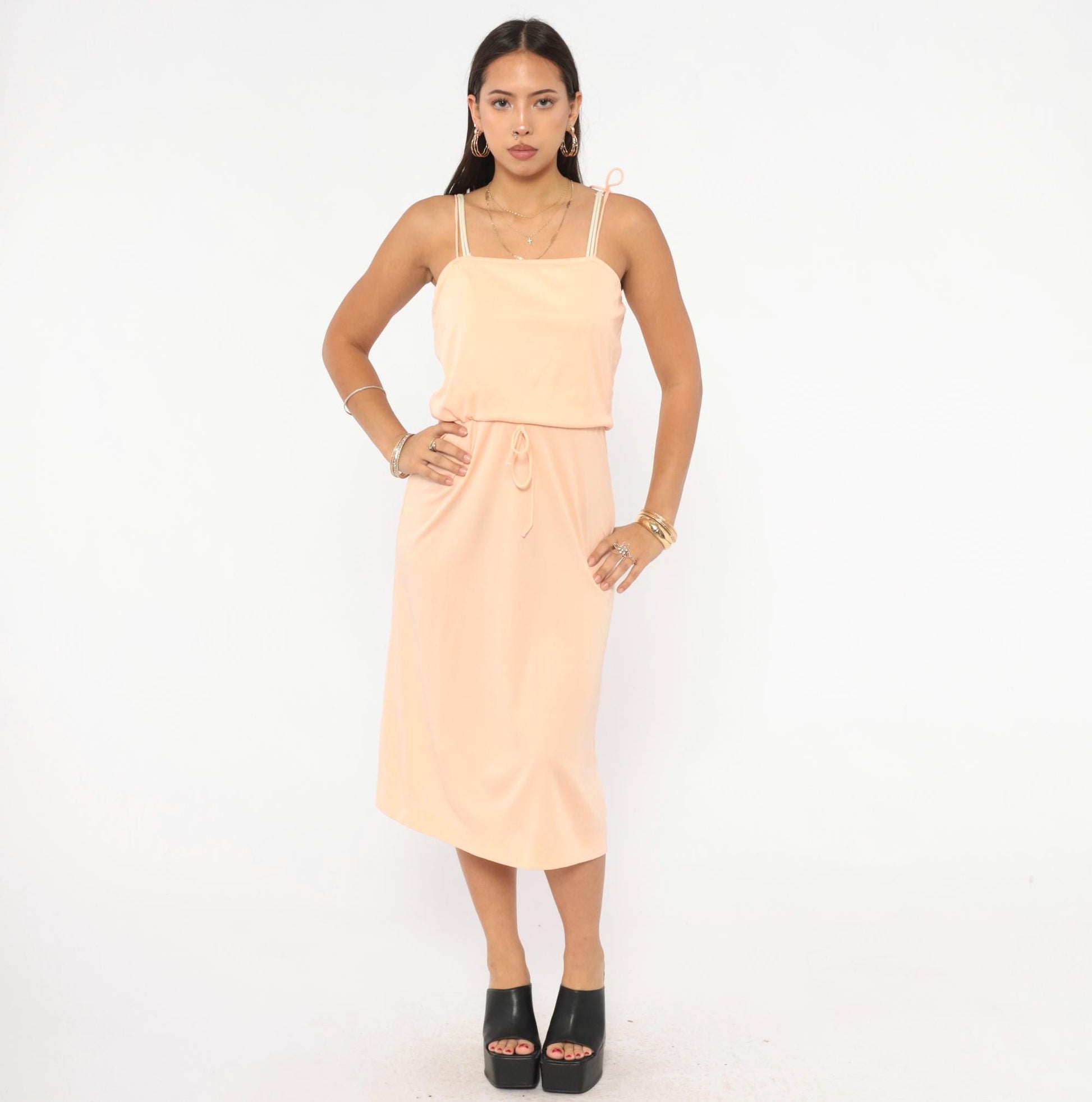 70s Peach Spaghetti Strap Midi Dress Tie Waist Blouson Bodice Small