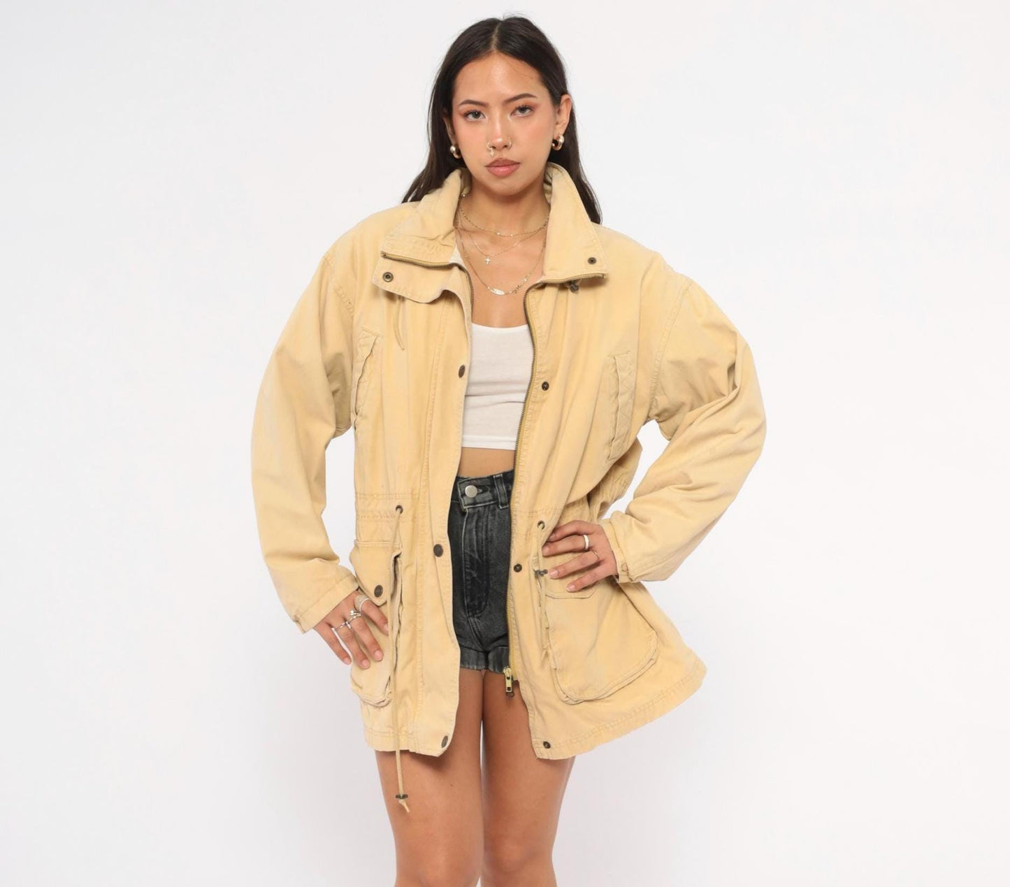 90s World Adventure Wolverine Tan Parka Cargo Jacket High Collar Small Petite