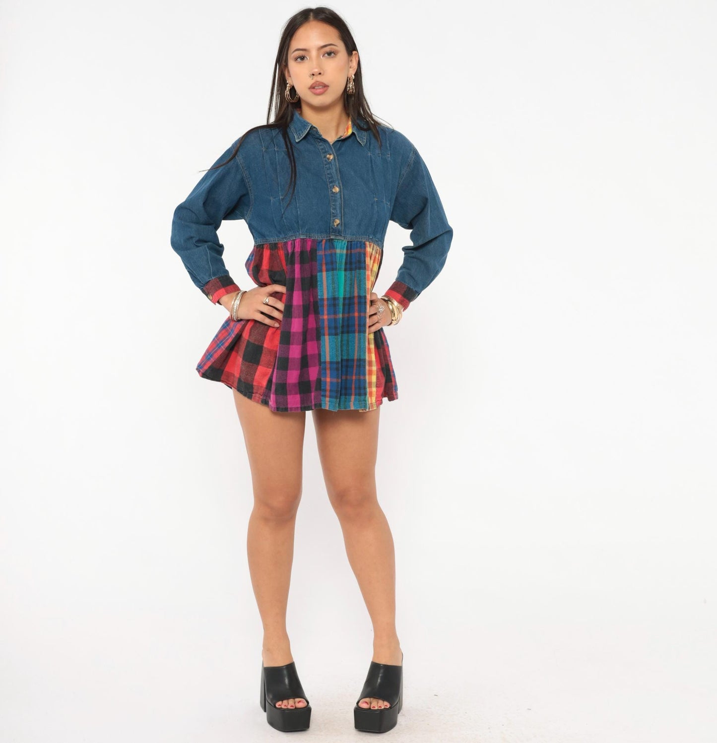 90s American Pop Denim Babydoll Mini Dress Patchwork Plaid Multicolor Extra Small