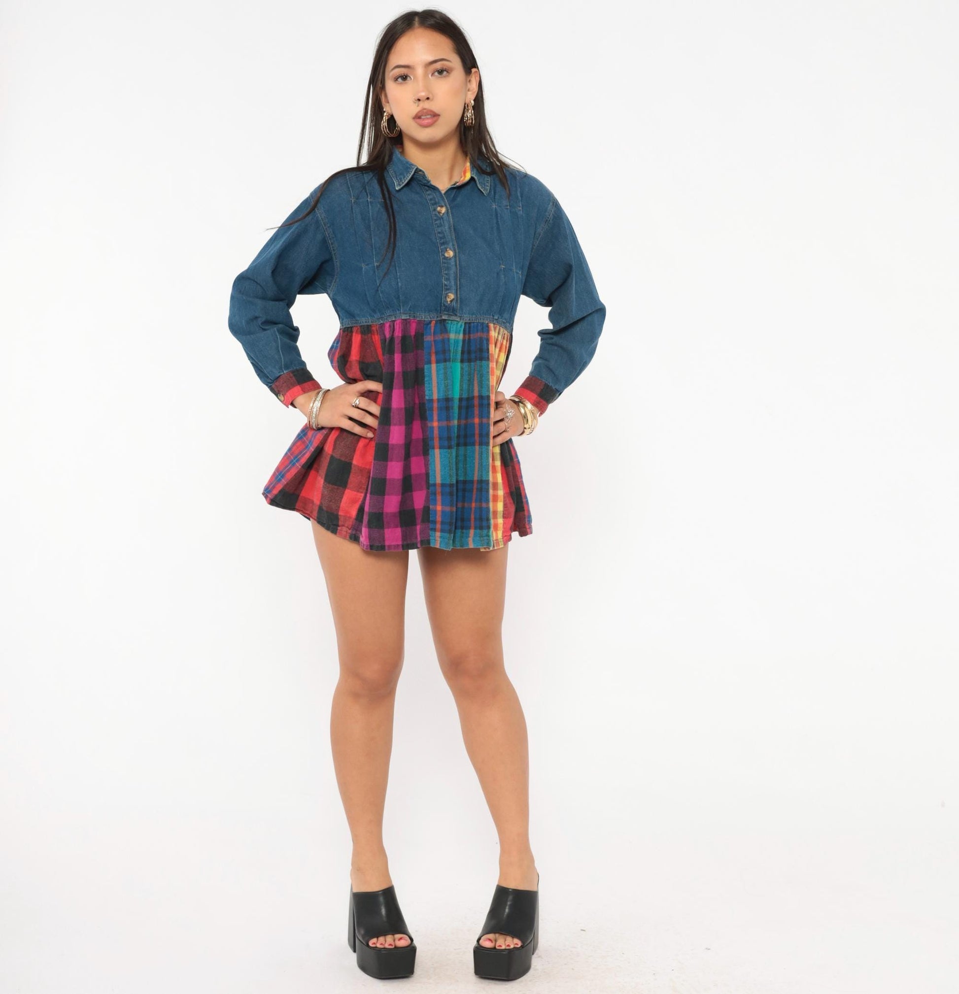 90s American Pop Denim Babydoll Mini Dress Patchwork Plaid Multicolor Extra Small