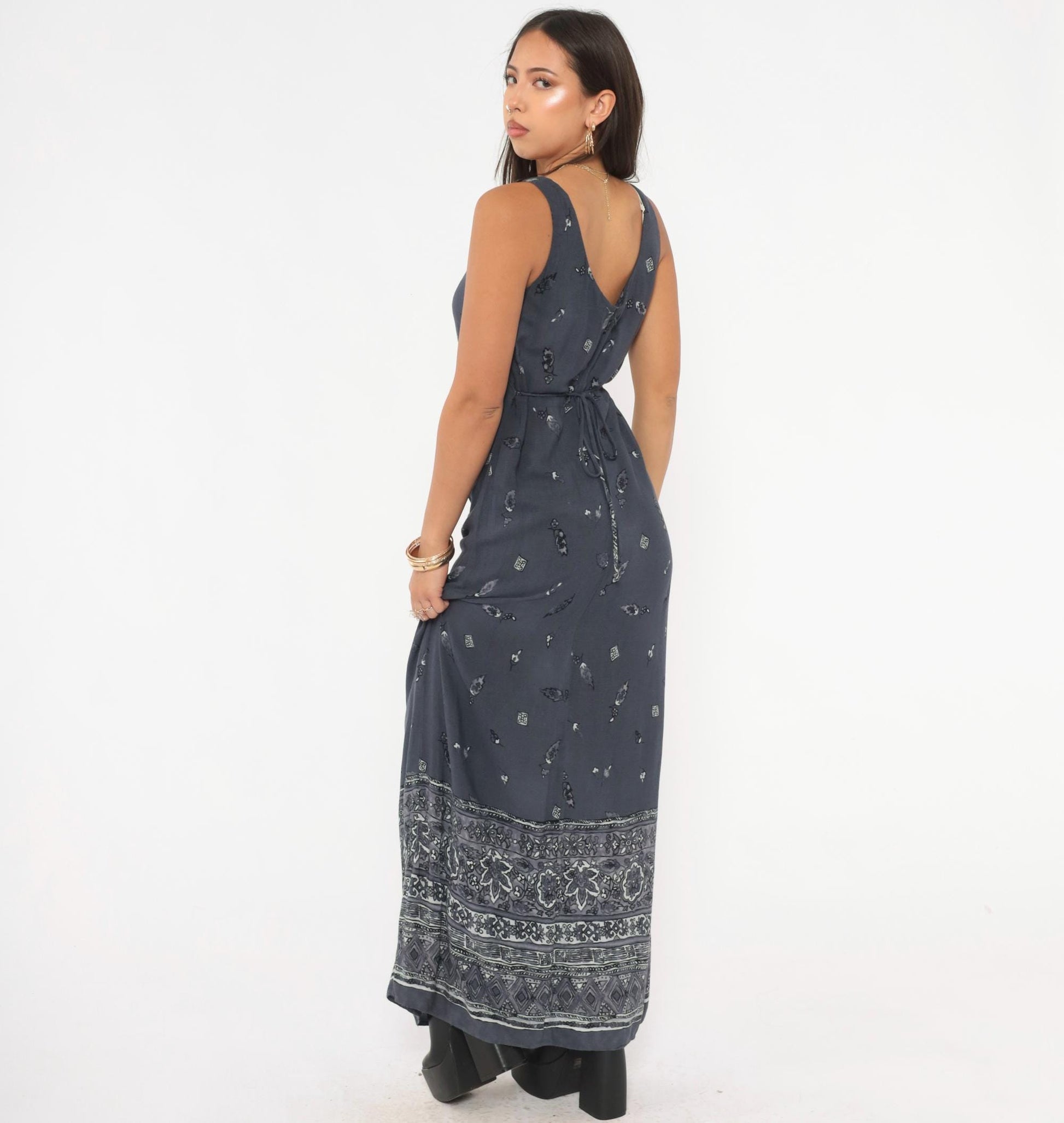 90s CDC Grey Floral Maxi Dress Tie Back Tank Small S