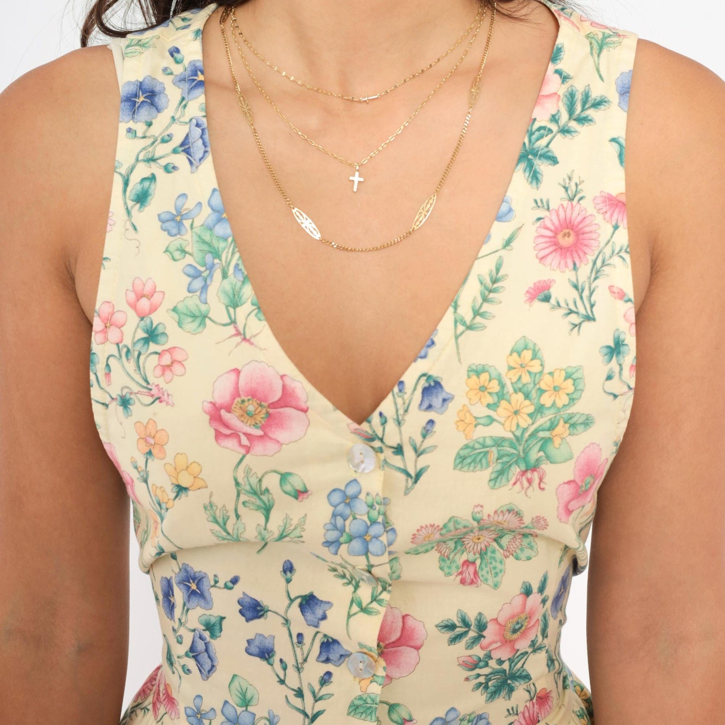90s Faith Mountain Company Botanical Midi Dress Butter Yellow Floral V-Neck Small