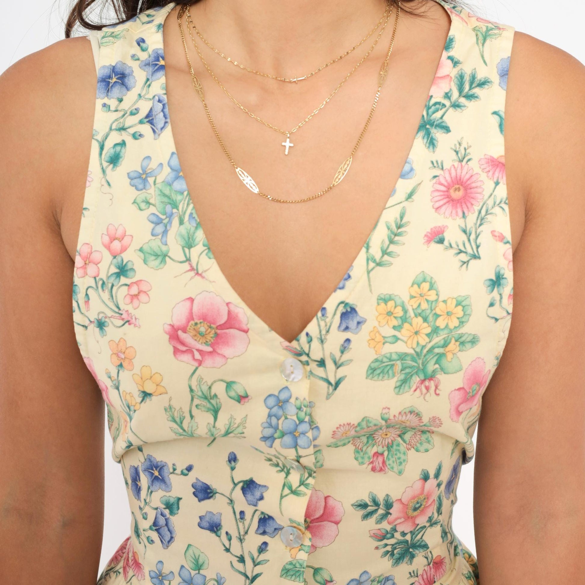 90s Faith Mountain Company Botanical Midi Dress Butter Yellow Floral V-Neck Small