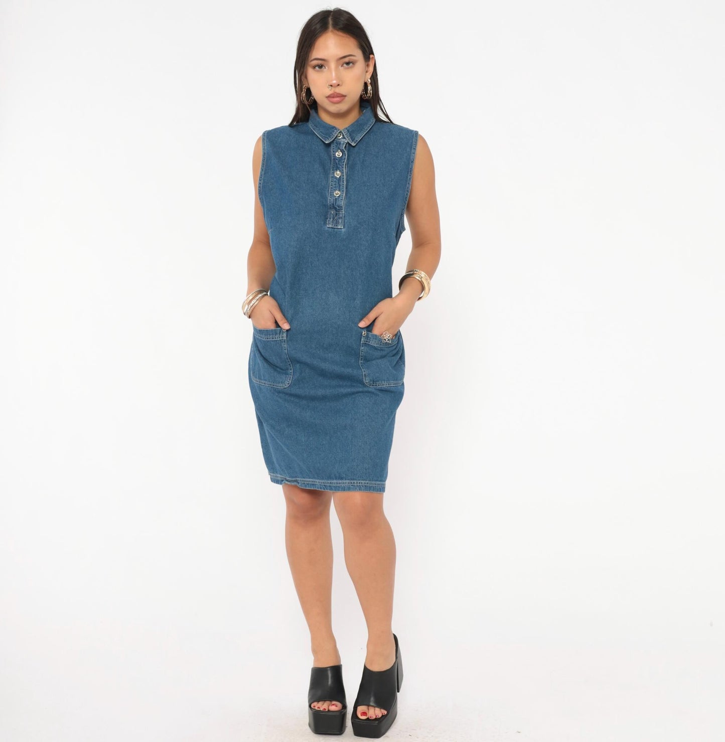 90s Denim Shift Dress Sleeveless Button Front Blue Jean Medium Large