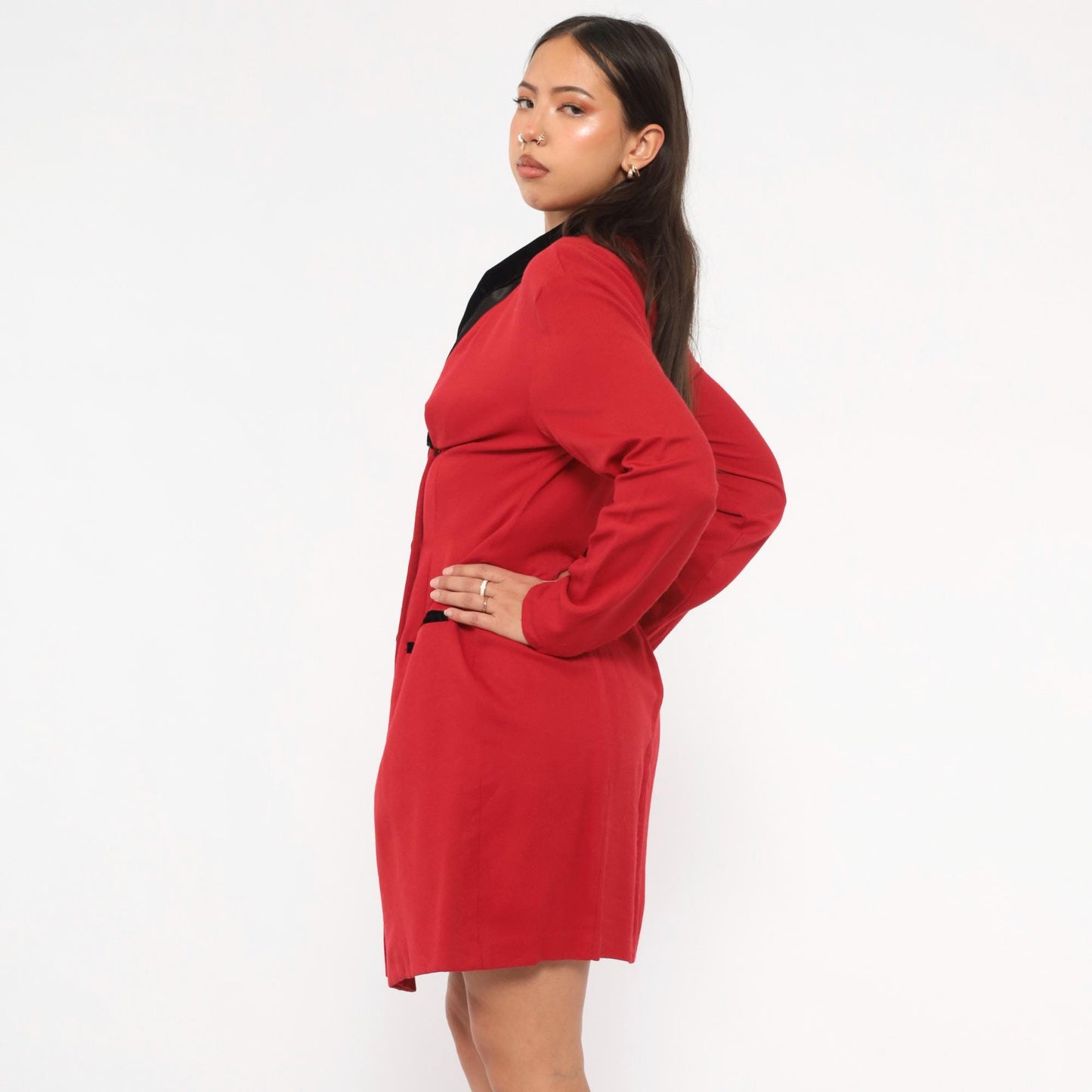 90s Scarlett Red Double Breasted Blazer Dress Velvet Collar Knee Length Small