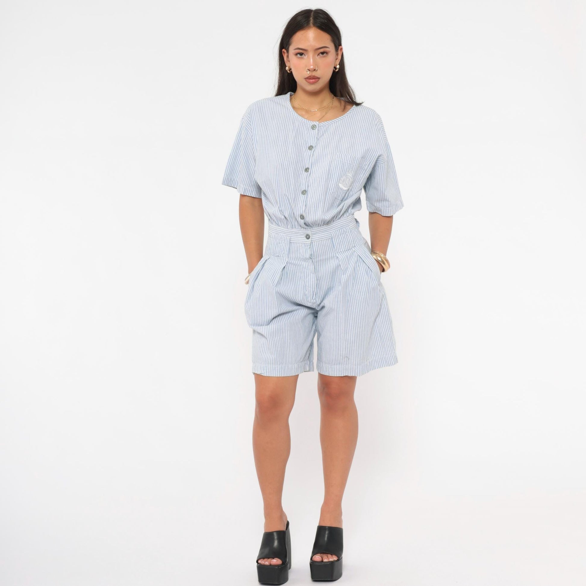 80s FADS Blue White Pinstripe Cotton Romper Pleated High-Rise Small S
