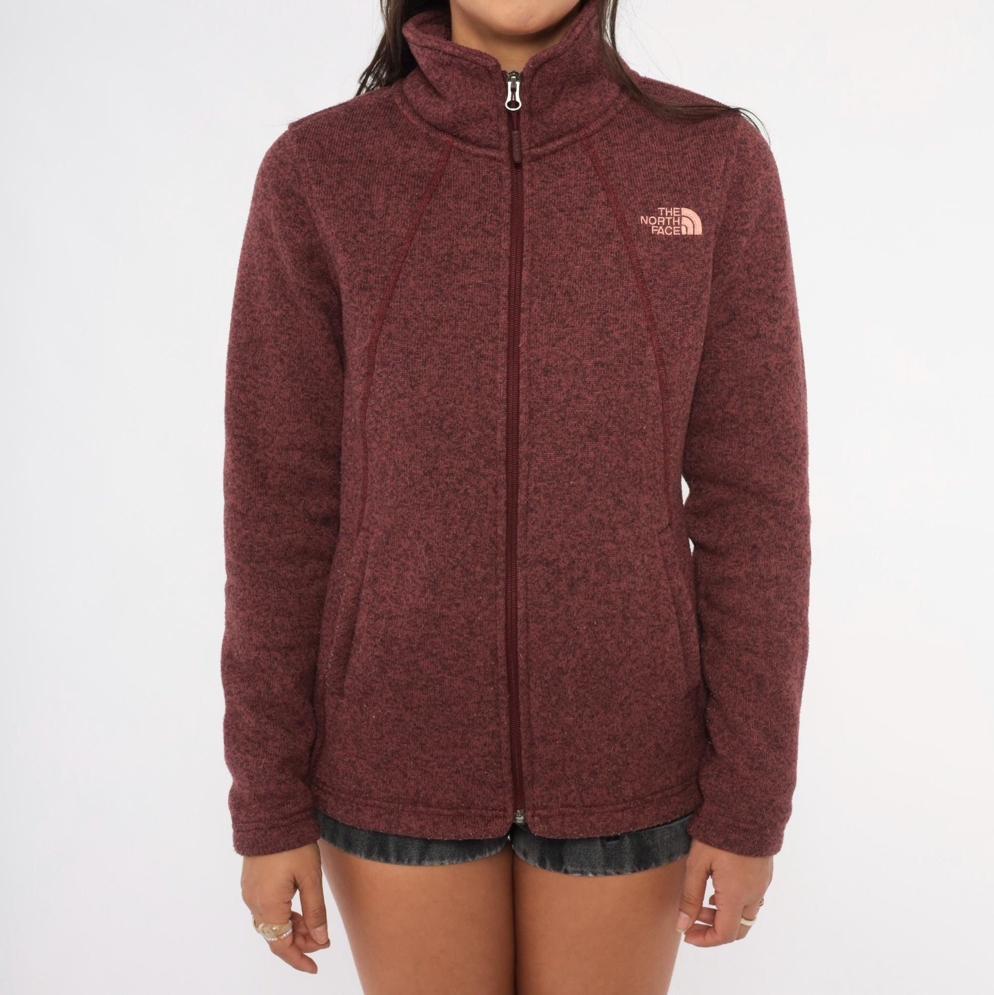 2000s The North Face Burgundy Fleece Jacket Raglan Small Petite