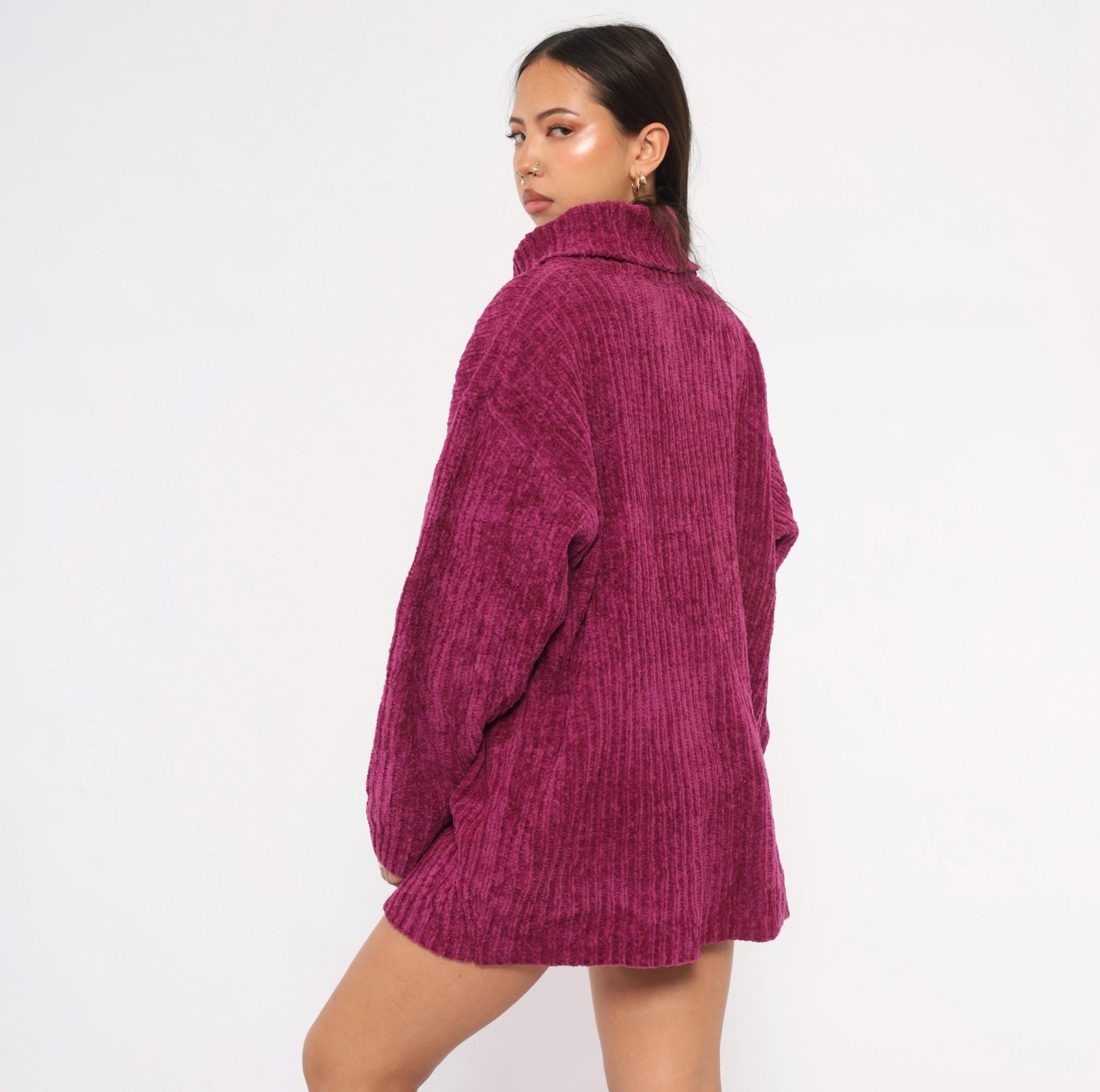 80s Knitwear Magenta Chenille Turtleneck Ribbed Knit Sweater Large L