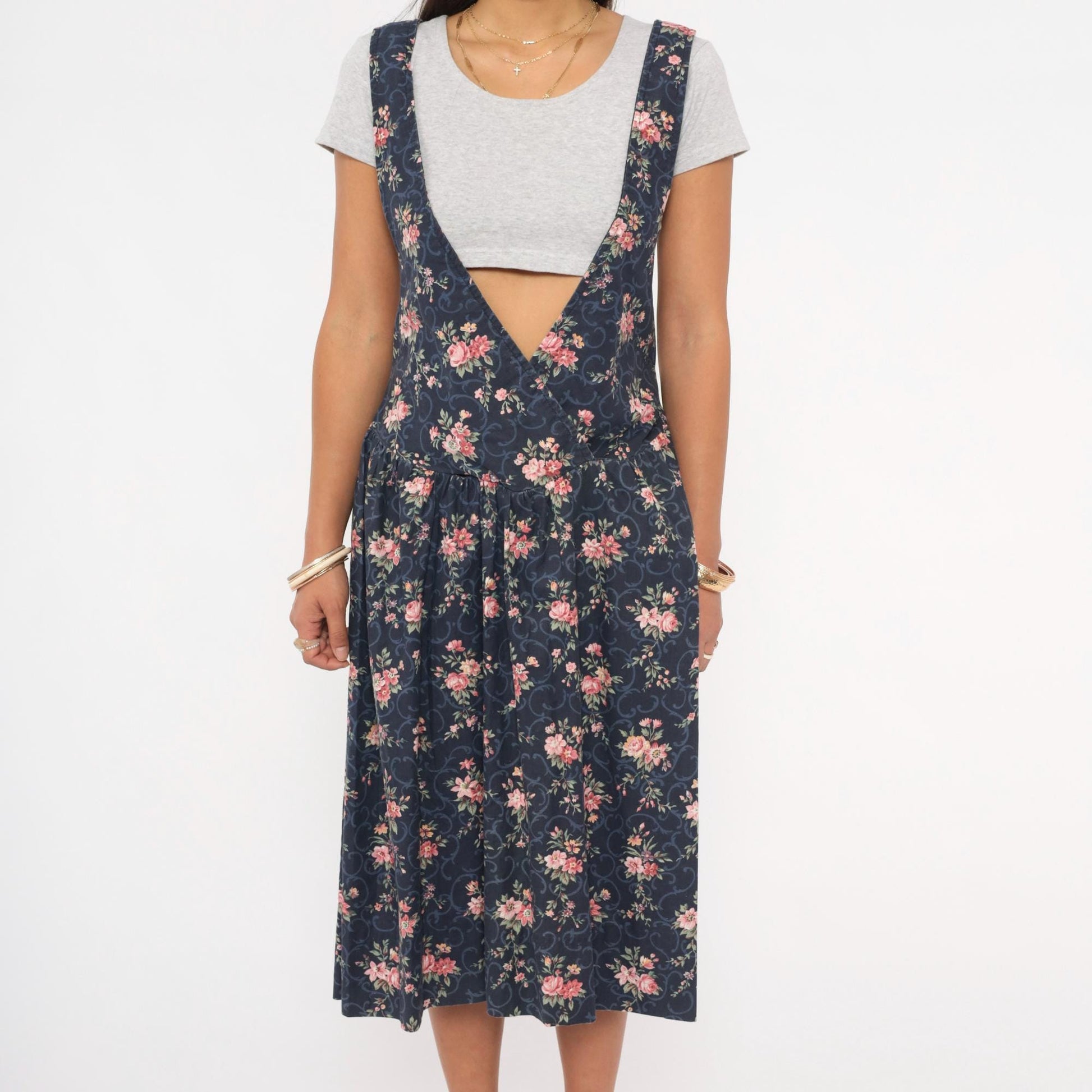 90s Navy Floral Pinafore Dress Pink Rose Print Mid-Calf Gathered Jumper XS