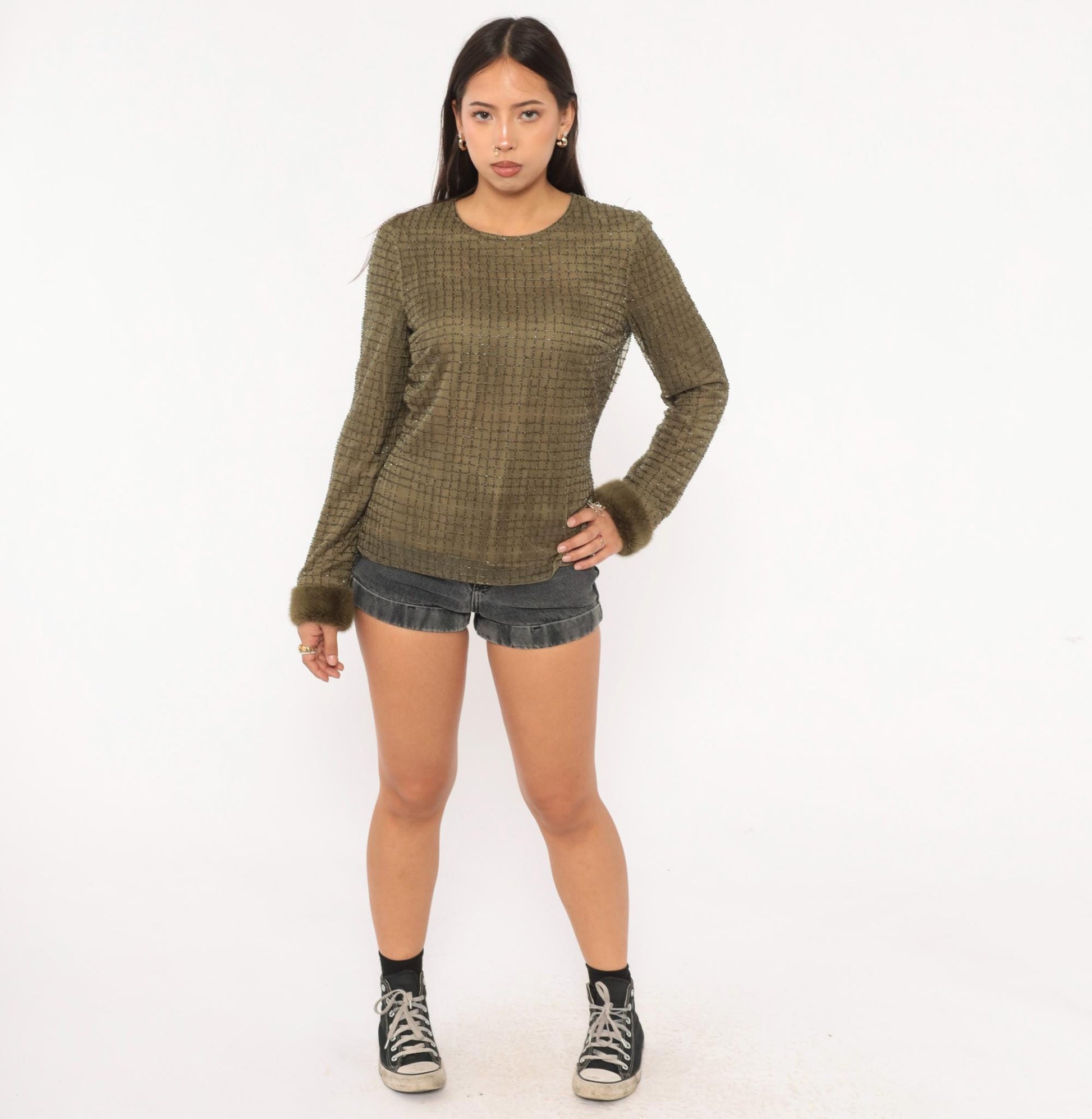 2000s Chetta B Olive Beaded Mesh Top Fur Cuff Blouse Medium M