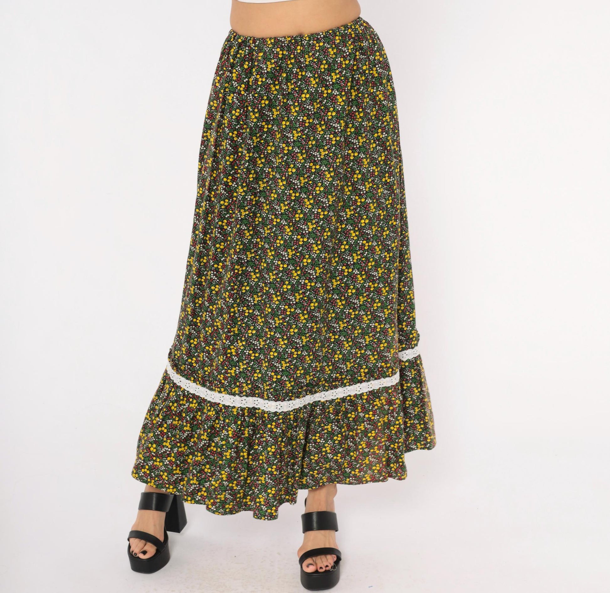 70s Black Ditsy Floral Maxi Skirt Cotton Ruffle Eyelet Lace Trim Extra Small