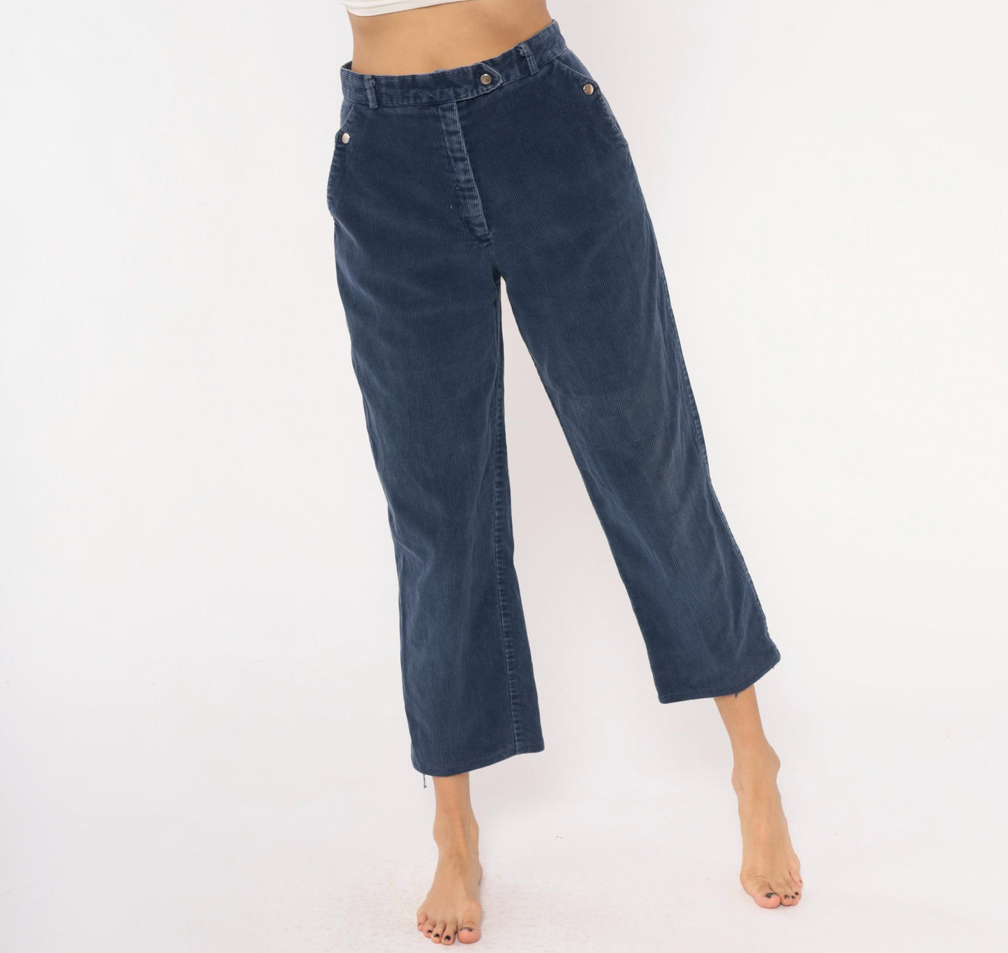 80s Tomboy Navy Corduroy Trousers High Waist Cropped Straight Leg Small