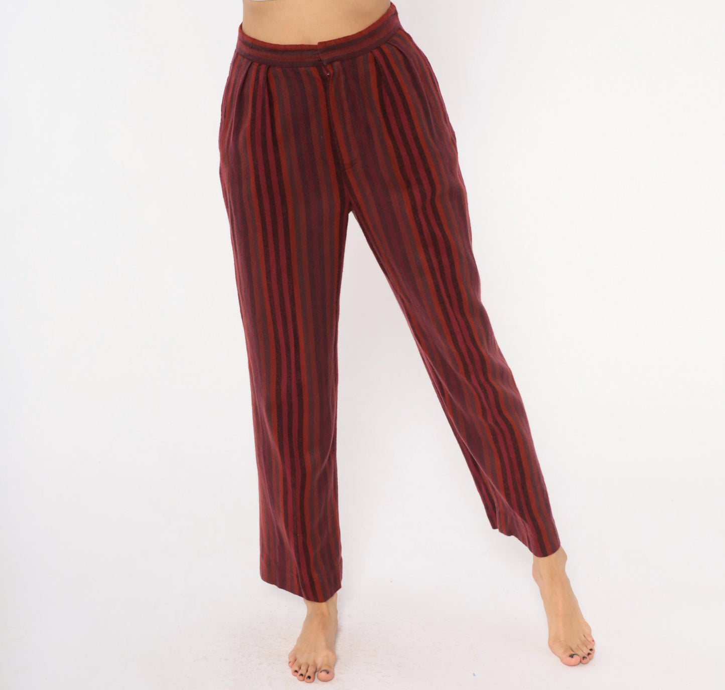 70s Burgundy Striped High Waist Tapered Trousers Pleated Front Small