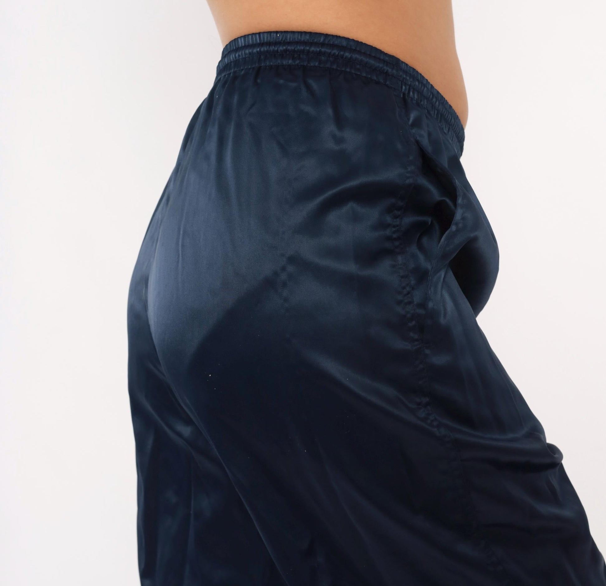 90s Nike Navy Satin Track Pants Swoosh Logo Elastic Waist Small S