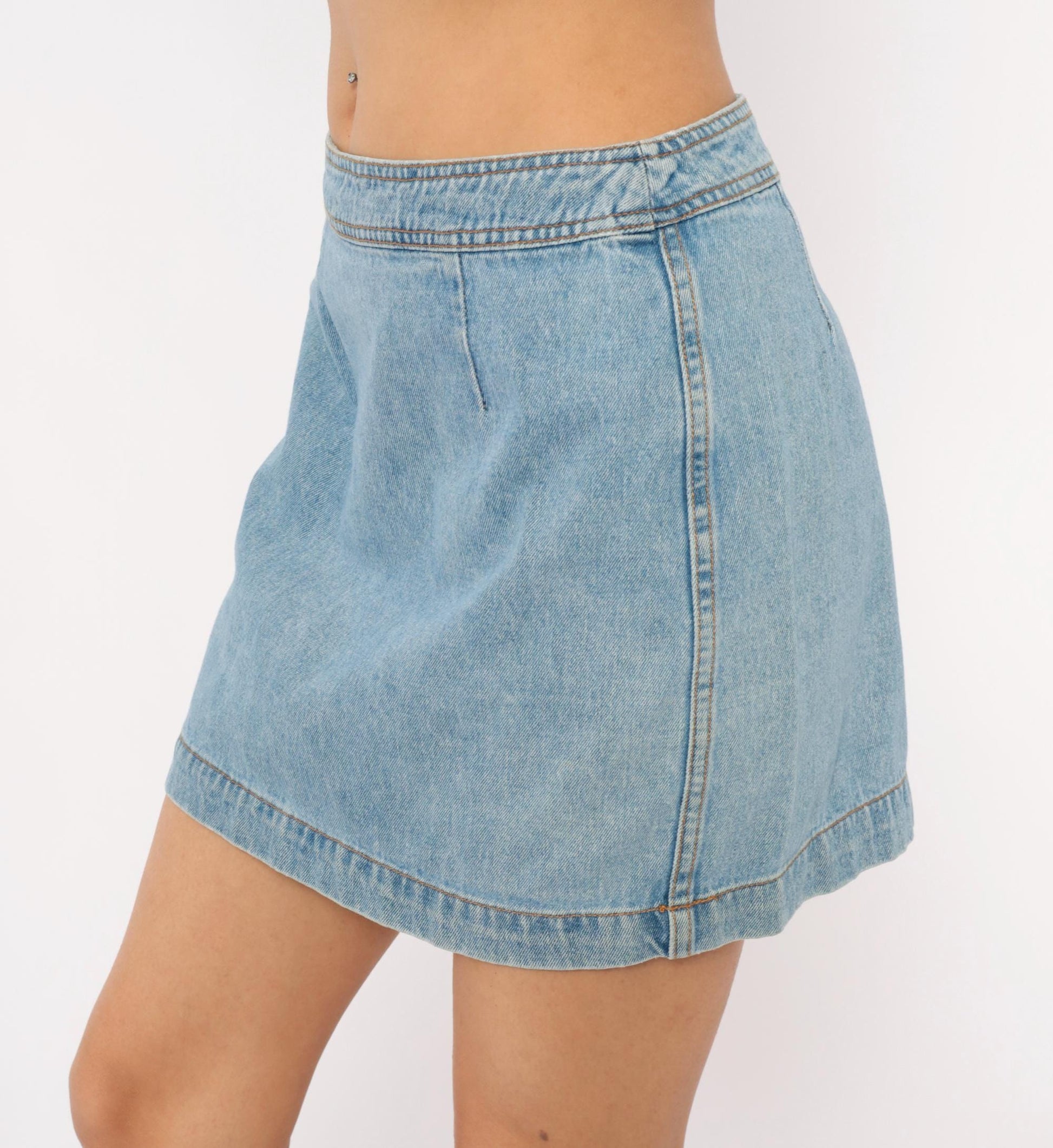 90s Exp Light Wash Denim Mini Skirt A-Line Low Rise Medium M