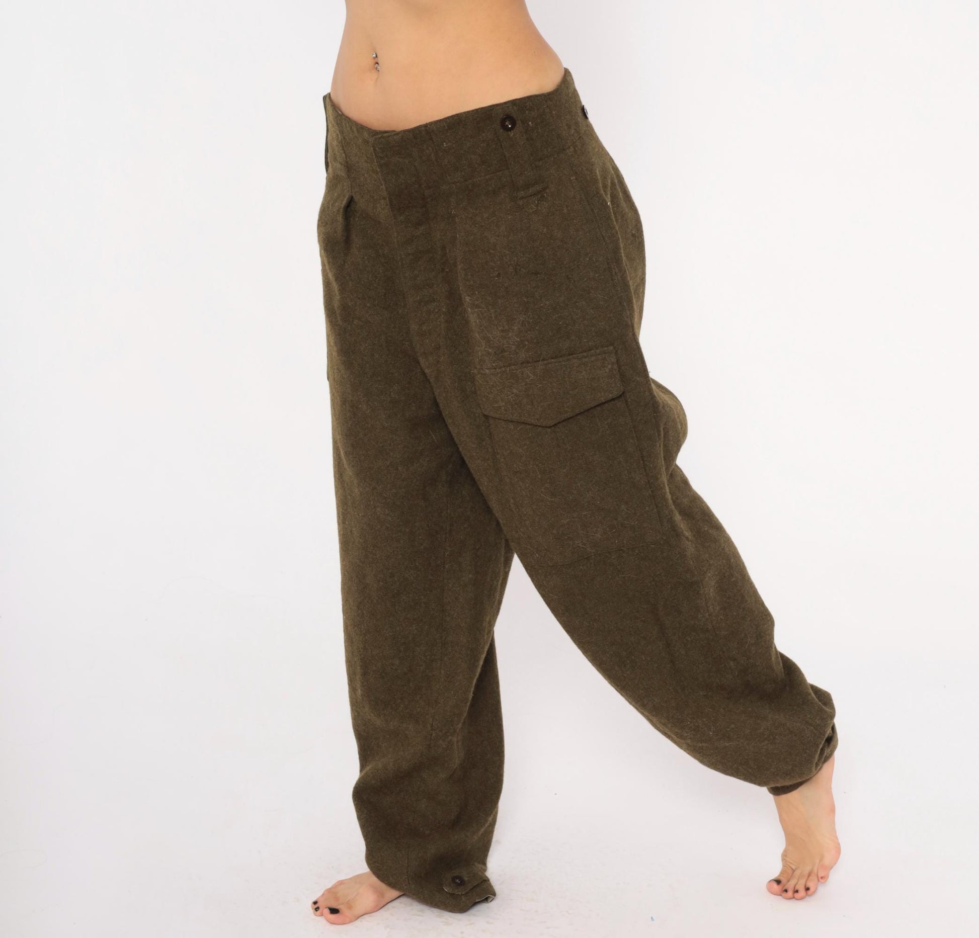 1950s Motecht Wool Military Trousers Olive High Rise Cargo Pants 34x31