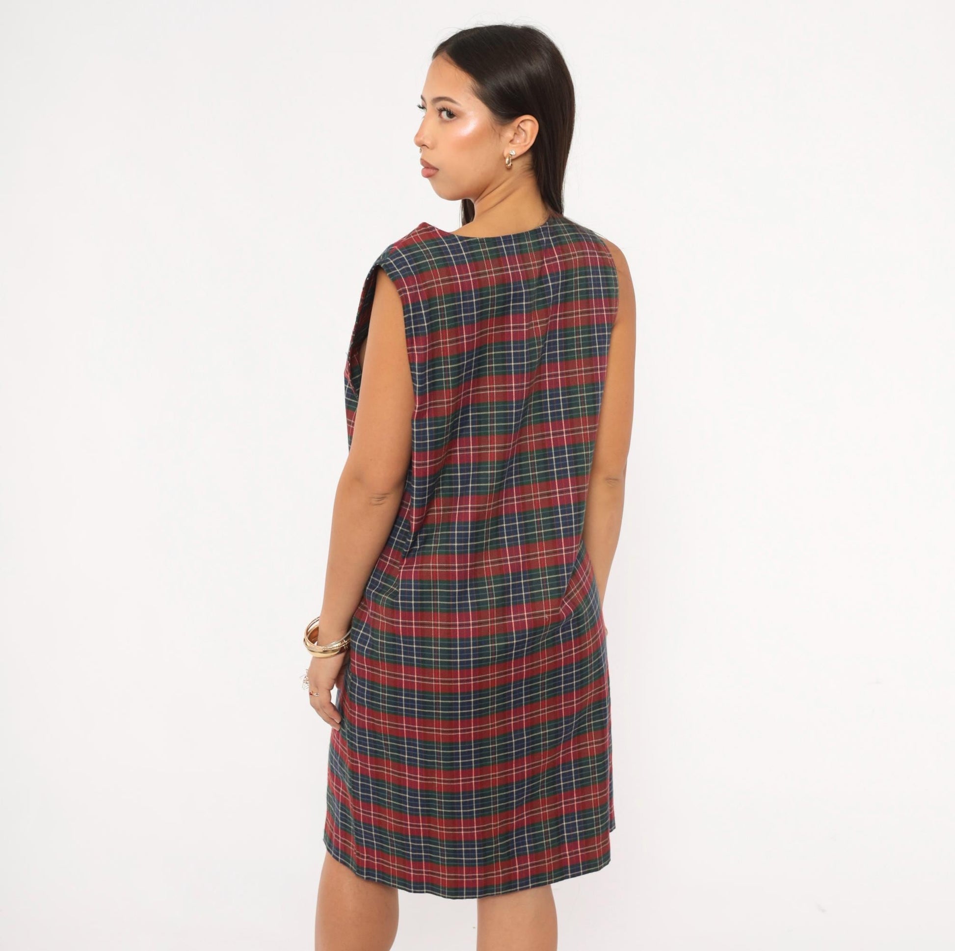 90s Baxter Wells Plaid Jumper Dress Navy Red Green Tartan Knee-Length Large L