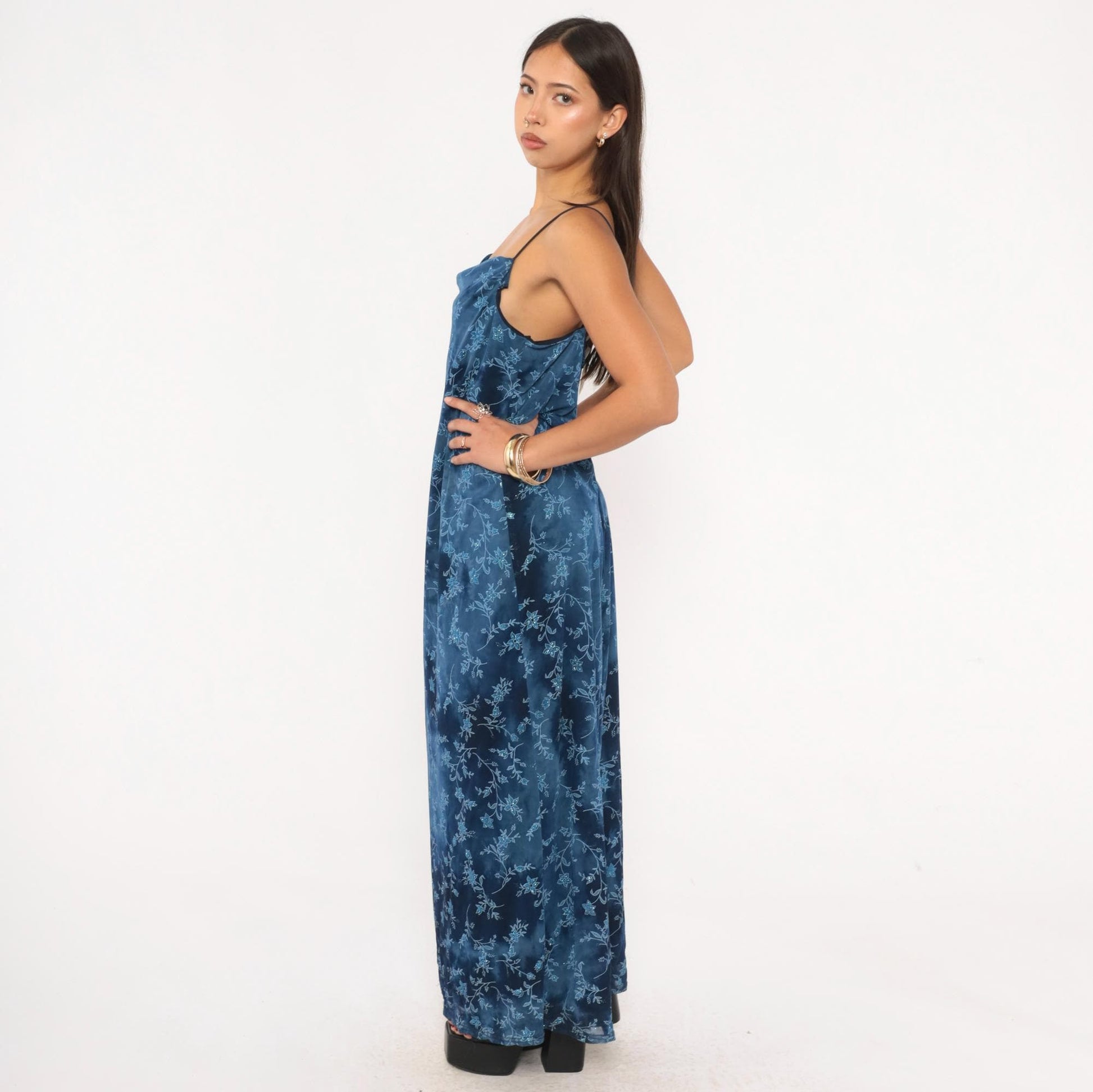 90s Jodi Michaels Navy Floral Maxi Slip Dress Glitter Sweetheart Neckline Large L