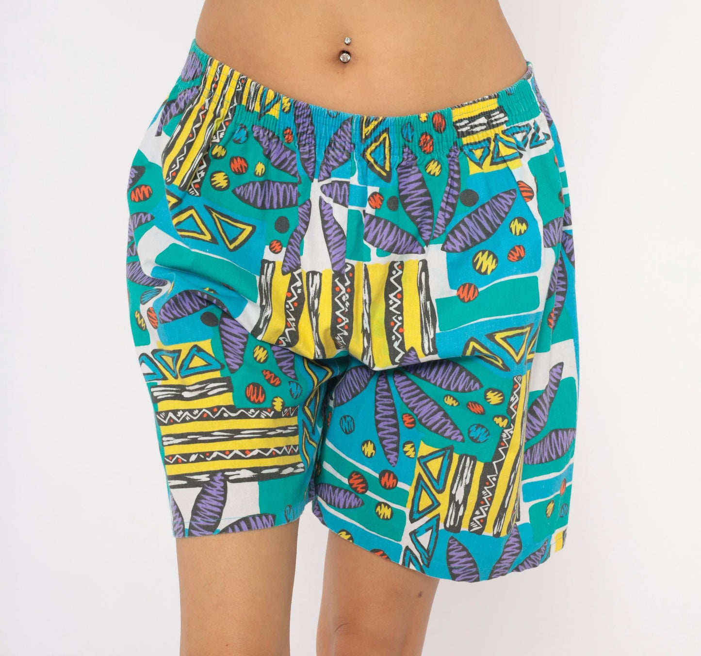 90s Athletic Works Abstract Shorts Teal Purple Geometric Print Cotton Medium
