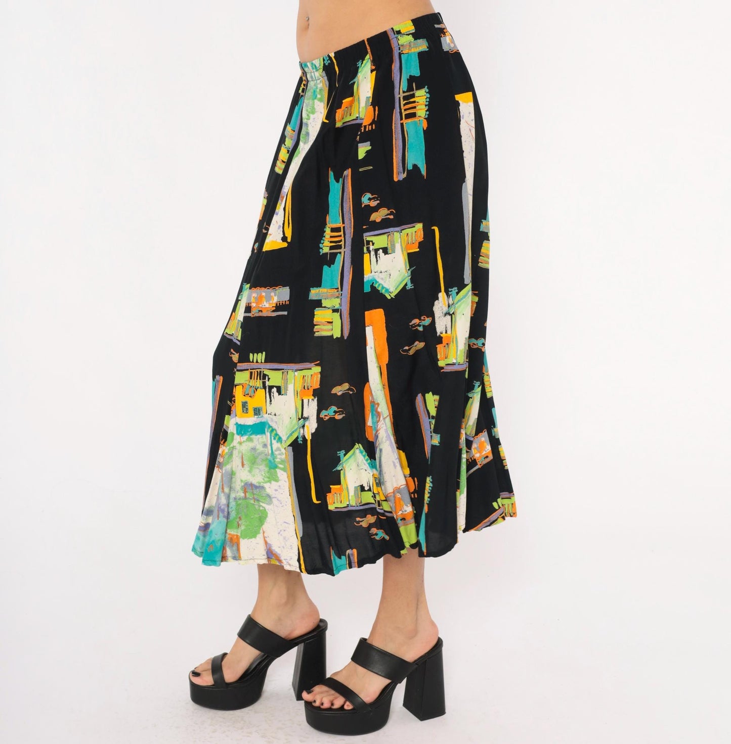 90s Sharon Anthony Maxi Skirt Cityscape Print Black Teal Orange Extra Large